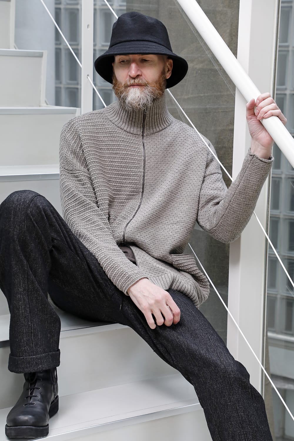 High neck knit merino wool Melange Gray