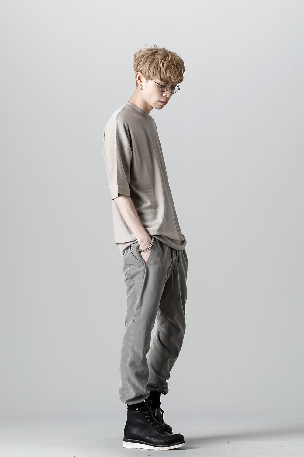 ルーズフィット ニットショートスリーブ シルク/コットン  ベージュグレー