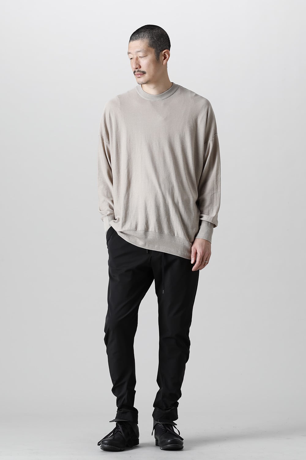 ルーズフィット ニットロングスリーブ シルク/コットン  ベージュグレー