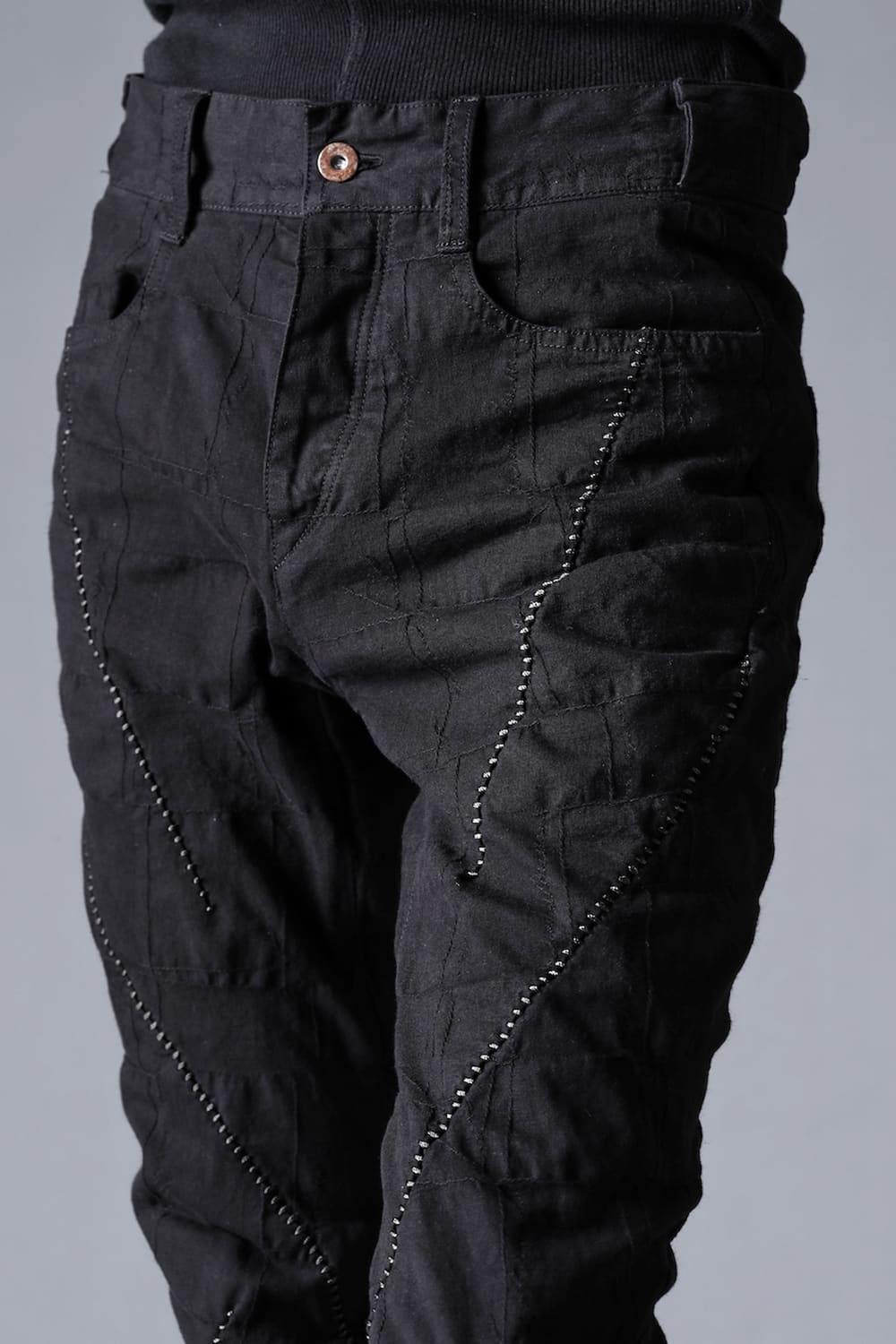 SCAB Patchwork Jagged Stretch Cotton Overlock Twisted Curved Slim Pants Black Charcoal Stitch