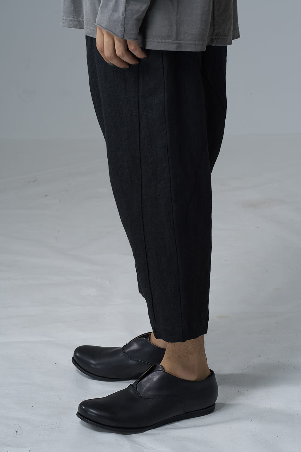 Drop crotch cropped pants cotton ramie shrink