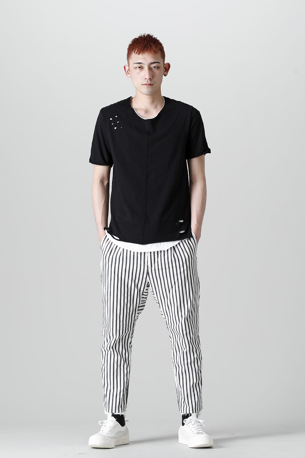 レイヤード カットソー 5th Cネック ブロークン ブラック/ホワイト