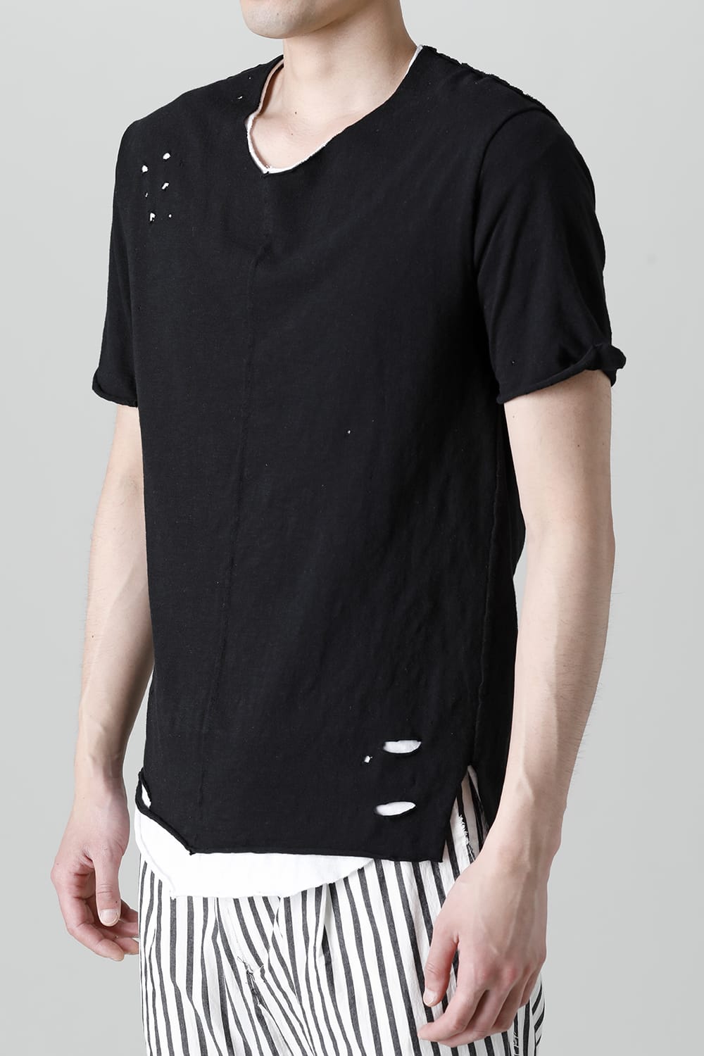 レイヤード カットソー 5th Cネック ブロークン ブラック/ホワイト