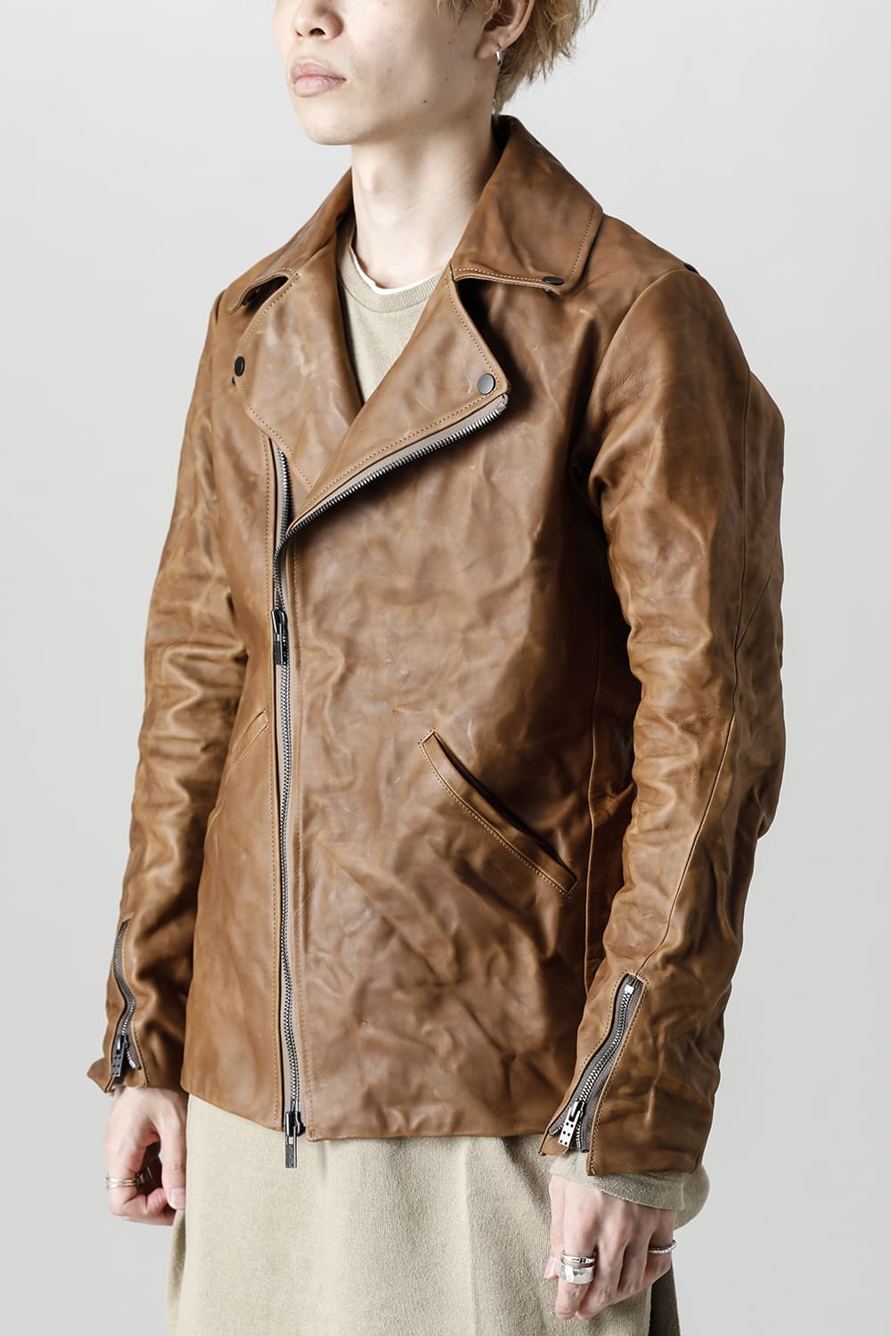 GUIDI Calf Leather Double Riders Jacket Beige