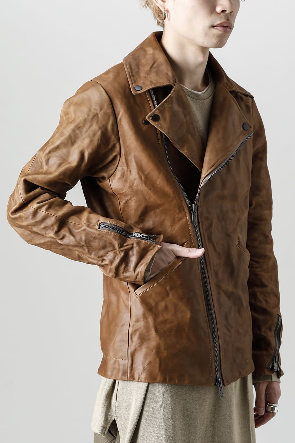 GUIDI Calf Leather Double Riders Jacket Beige