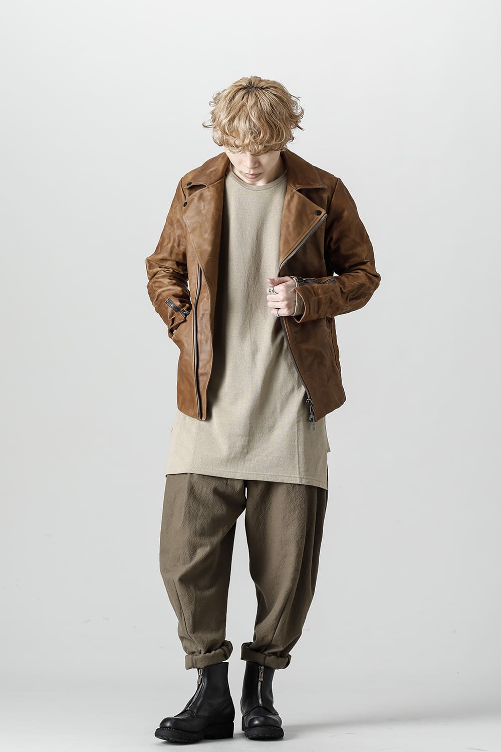 GUIDI Calf Leather Double Riders Jacket Beige
