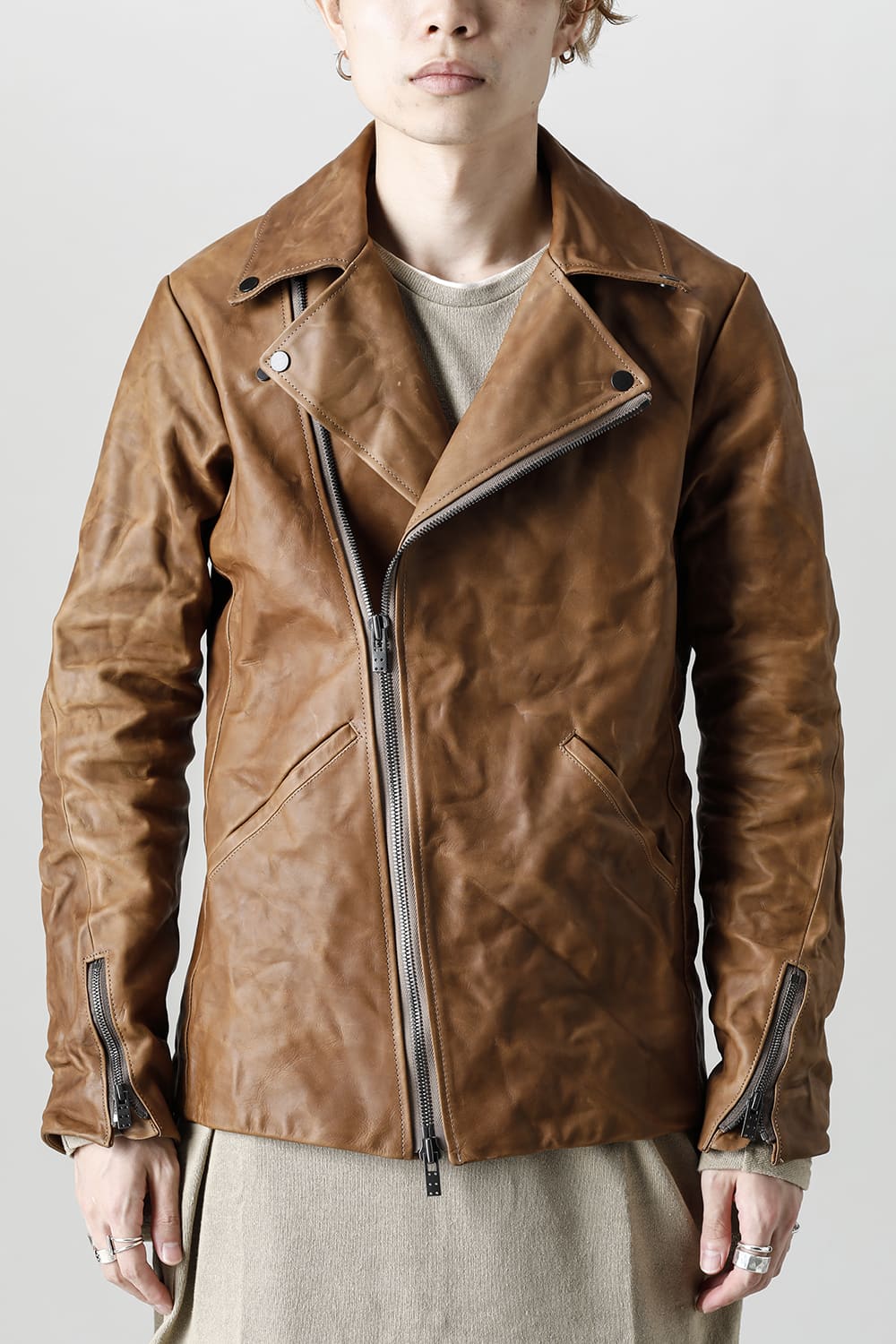 GUIDI Calf Leather Double Riders Jacket Beige