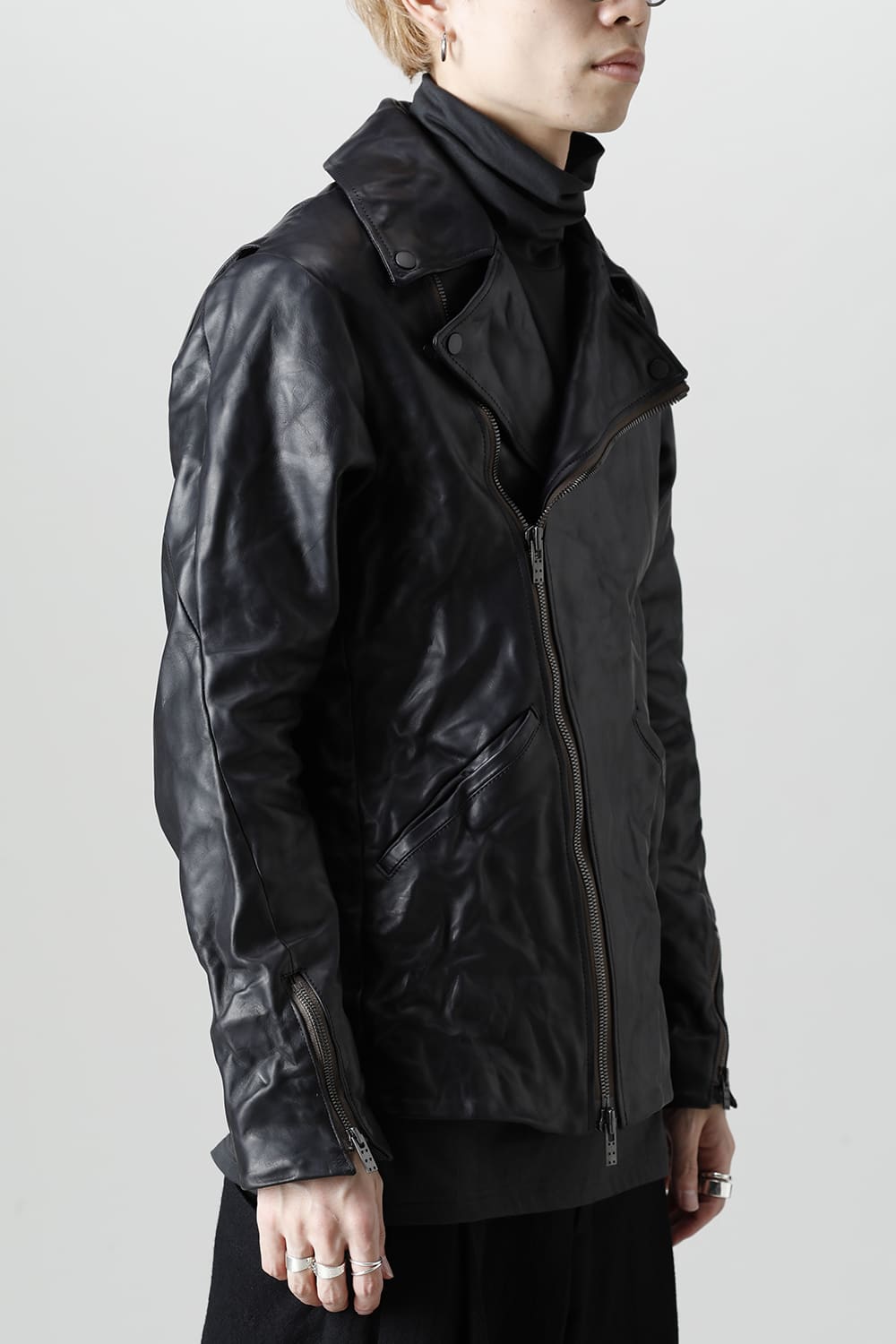 GUIDI Calf Leather Double Riders Jacket Dark Blue　
