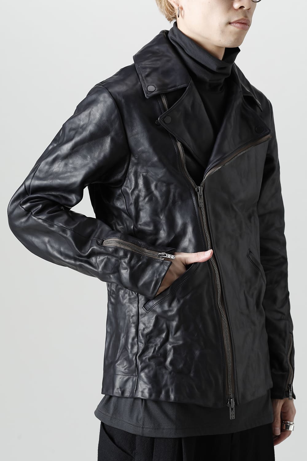 GUIDI Calf Leather Double Riders Jacket Dark Blue　