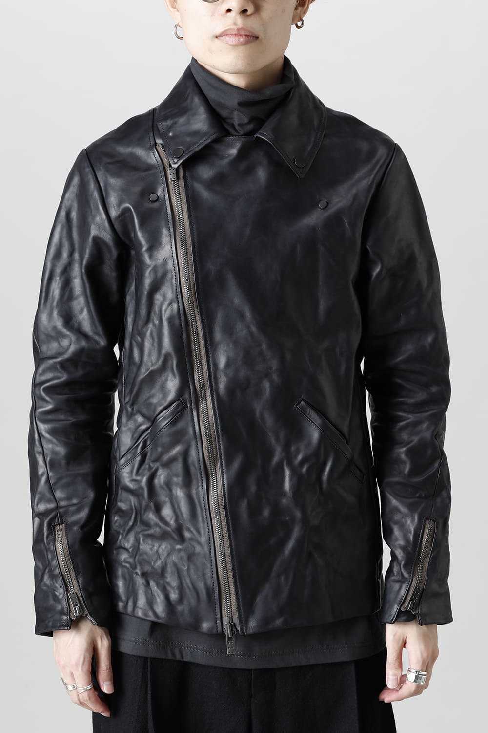 GUIDI Calf Leather Double Riders Jacket Dark Blue　