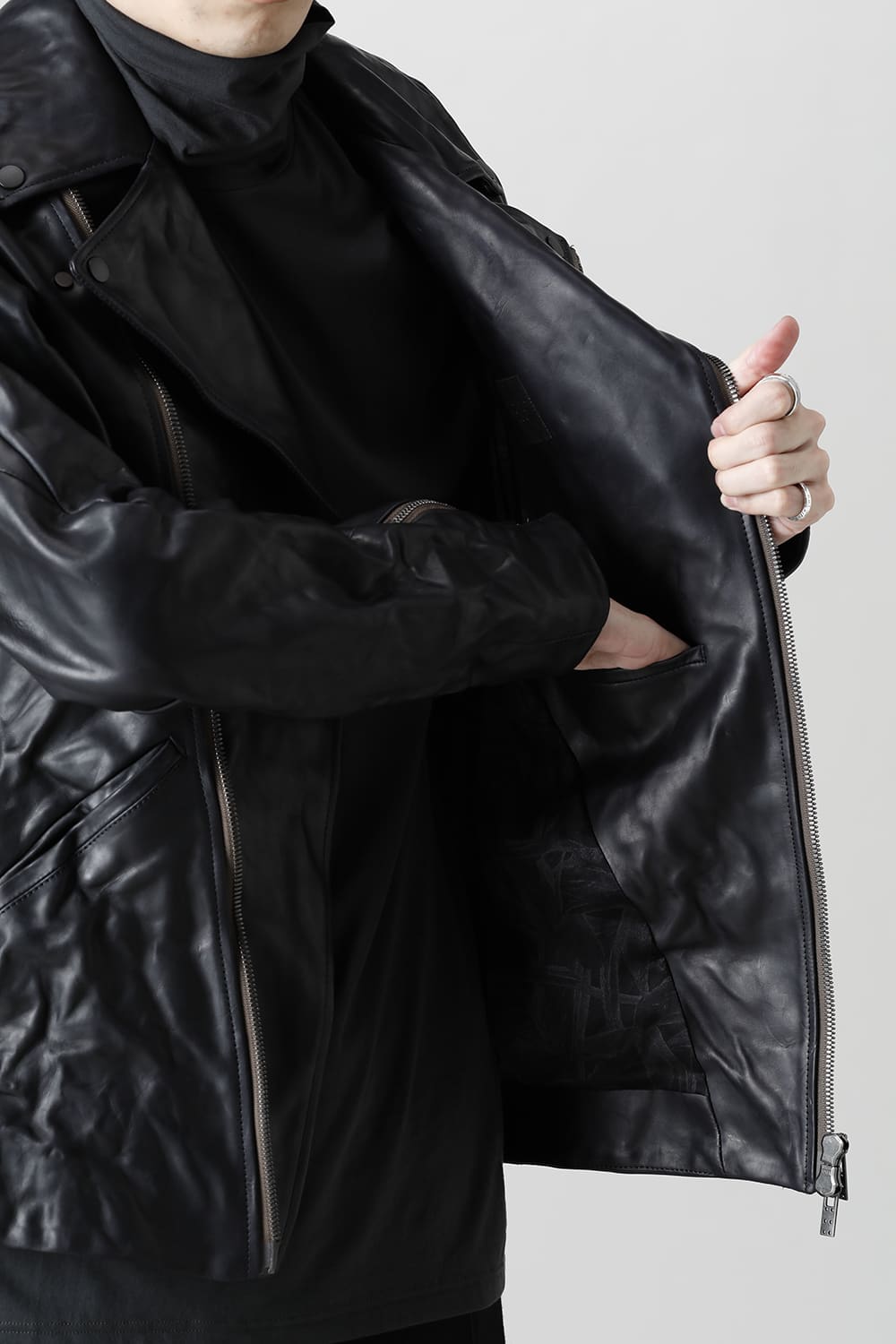 GUIDI Calf Leather Double Riders Jacket Dark Blue　