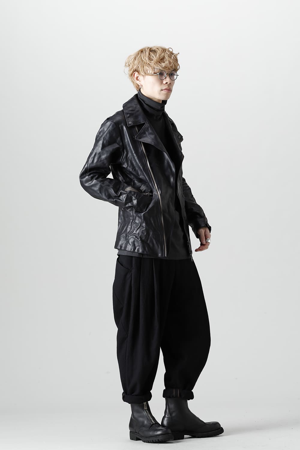 GUIDI Calf Leather Double Riders Jacket Dark Blue　