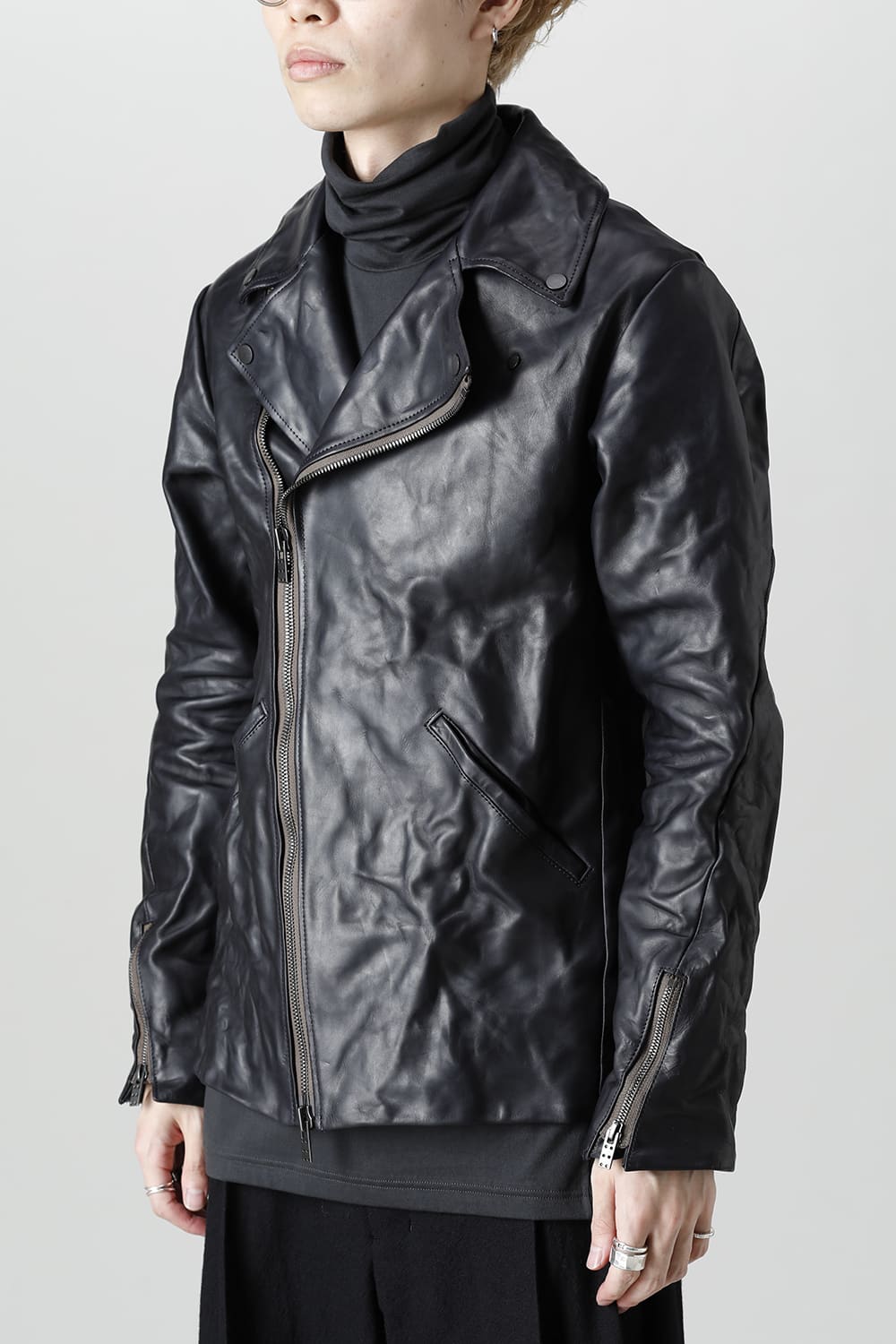 GUIDI Calf Leather Double Riders Jacket Dark Blue　