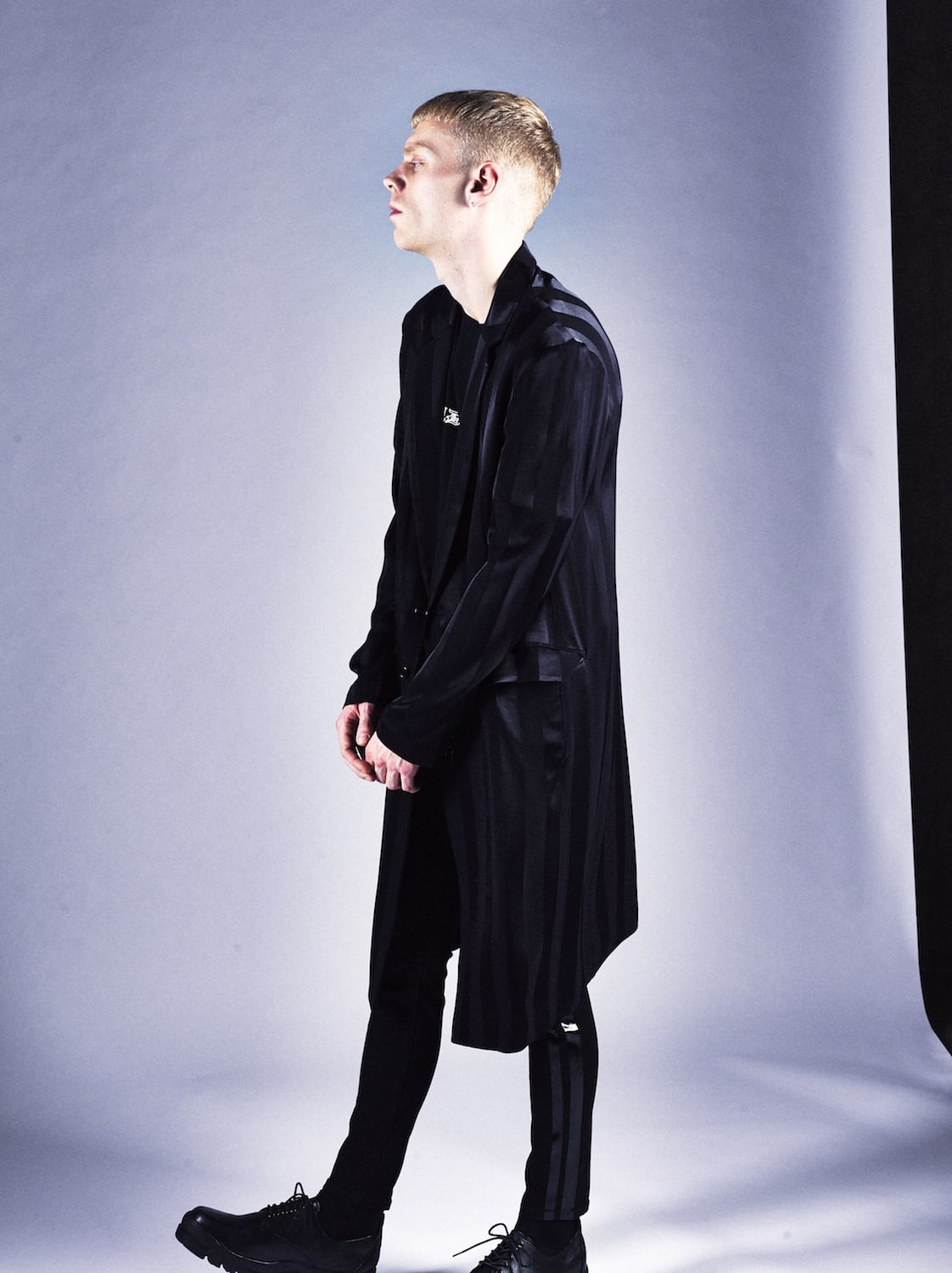 Wide stripe jacquard long jacket Black