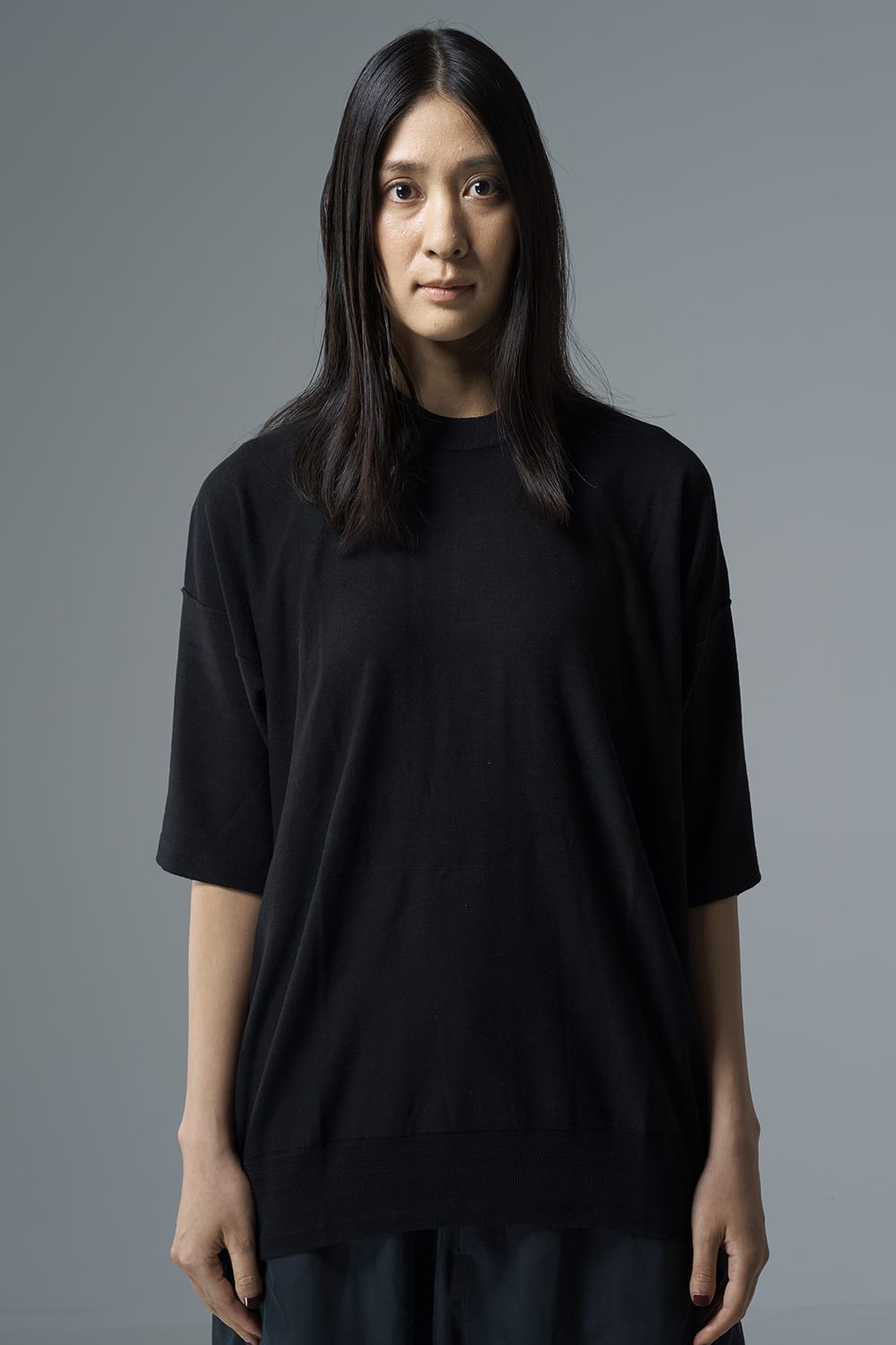 ルーズフィット ニットショートスリーブ シルク/コットン  ブラック
