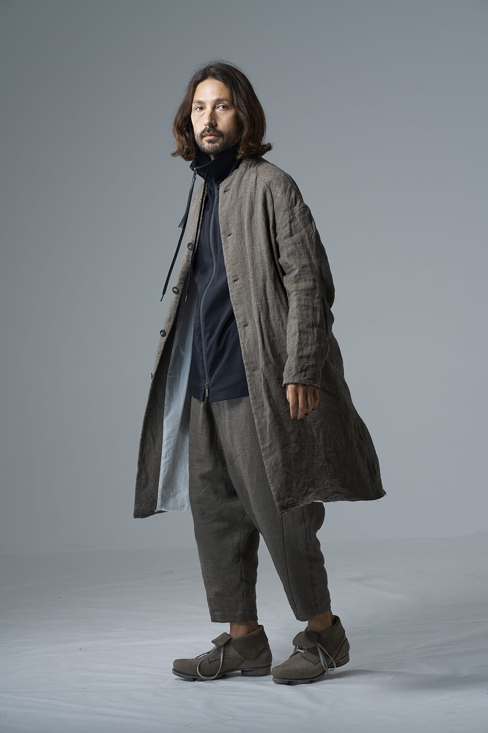 Dropcroch cropped pants silk linen crazy check  Beige Gray