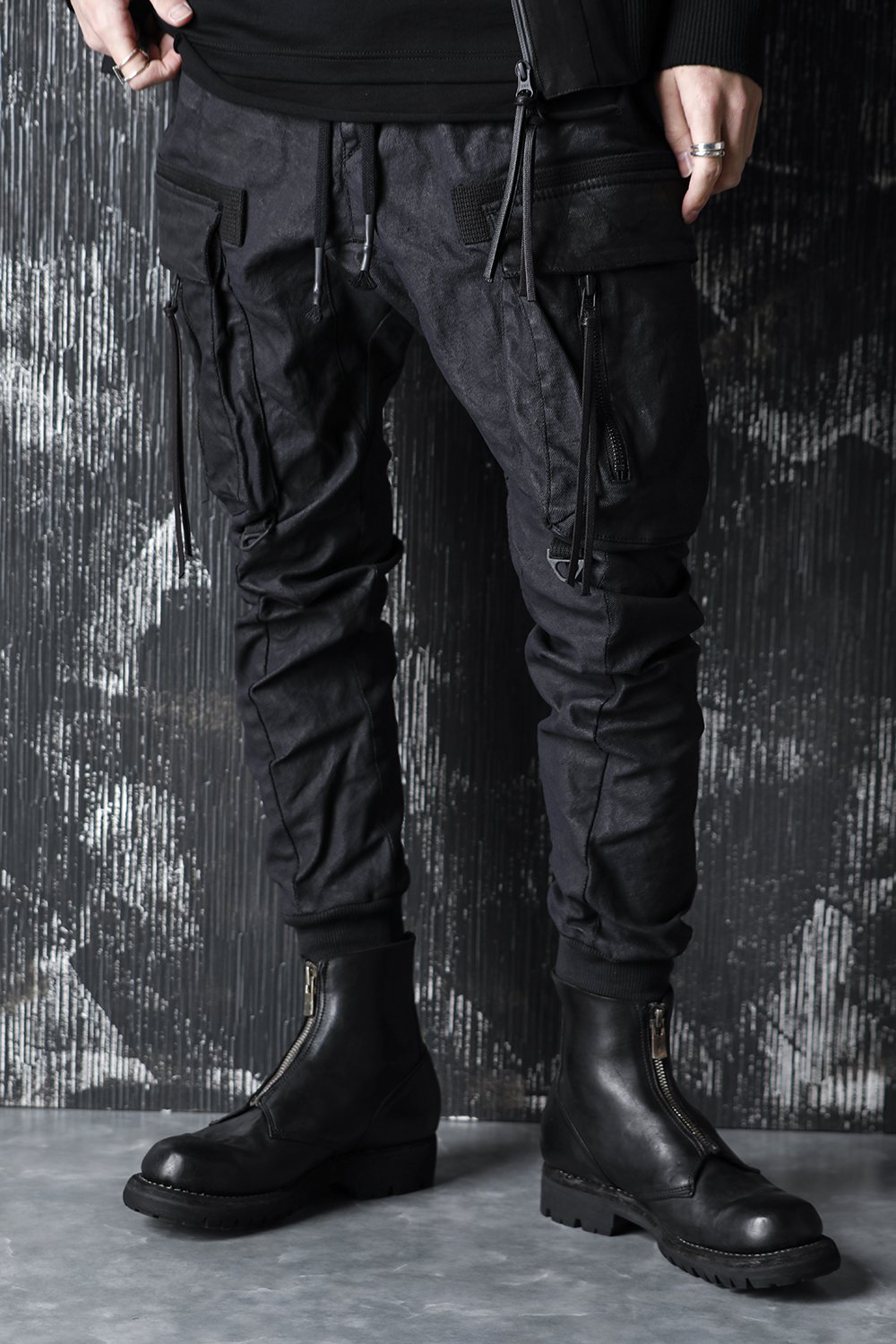 Carbon Coated Denim Drop Crotch Cargo Slim Pants