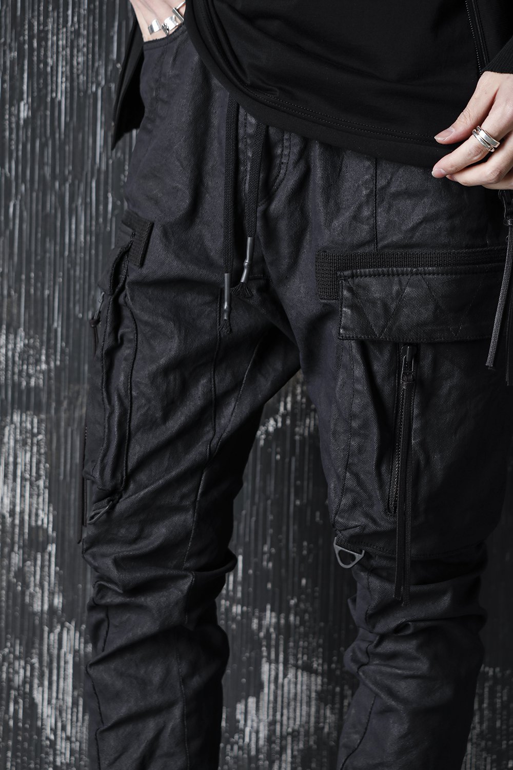 Carbon Coated Denim Drop Crotch Cargo Slim Pants