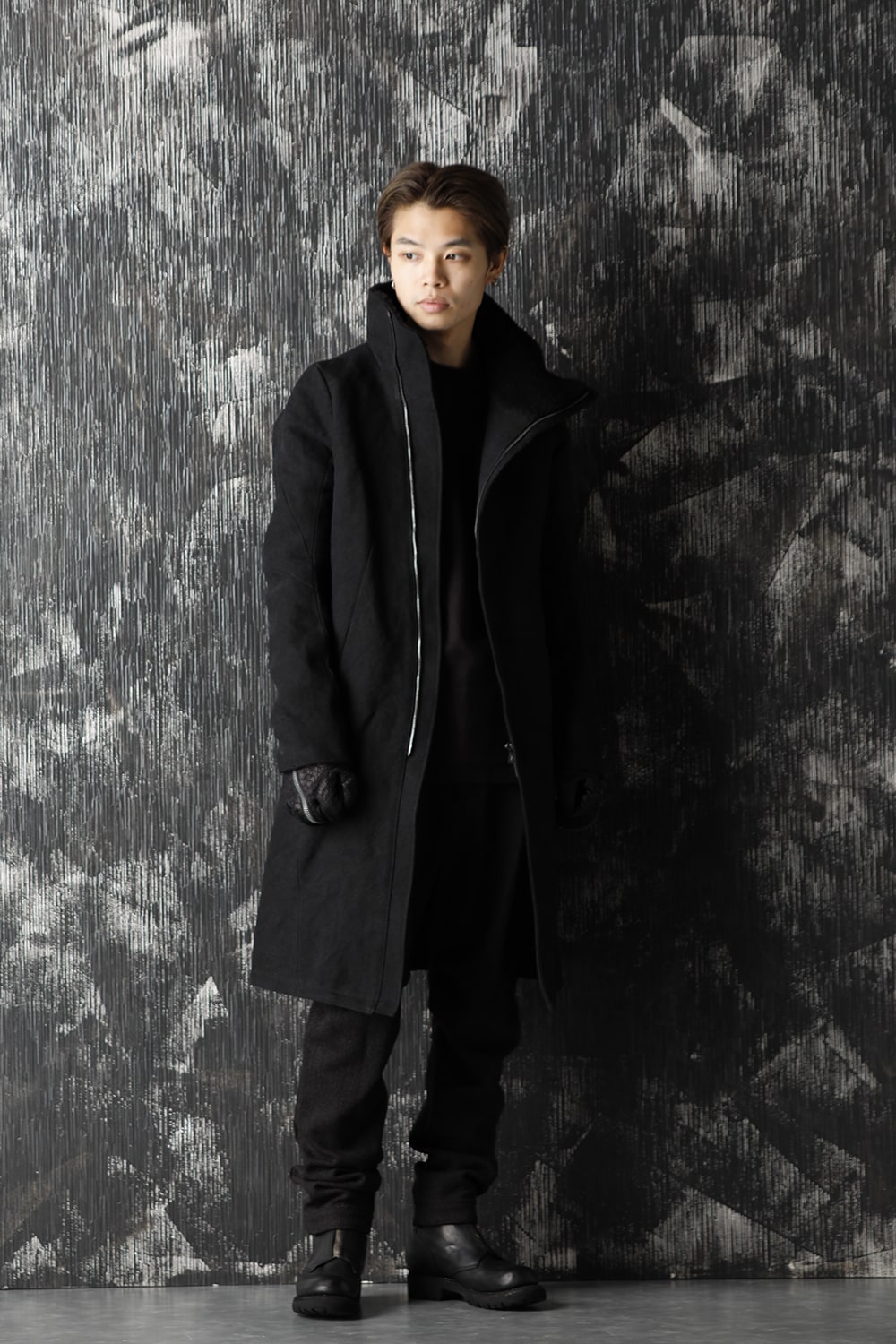 Jute Cotton Military twill High neck coat Black