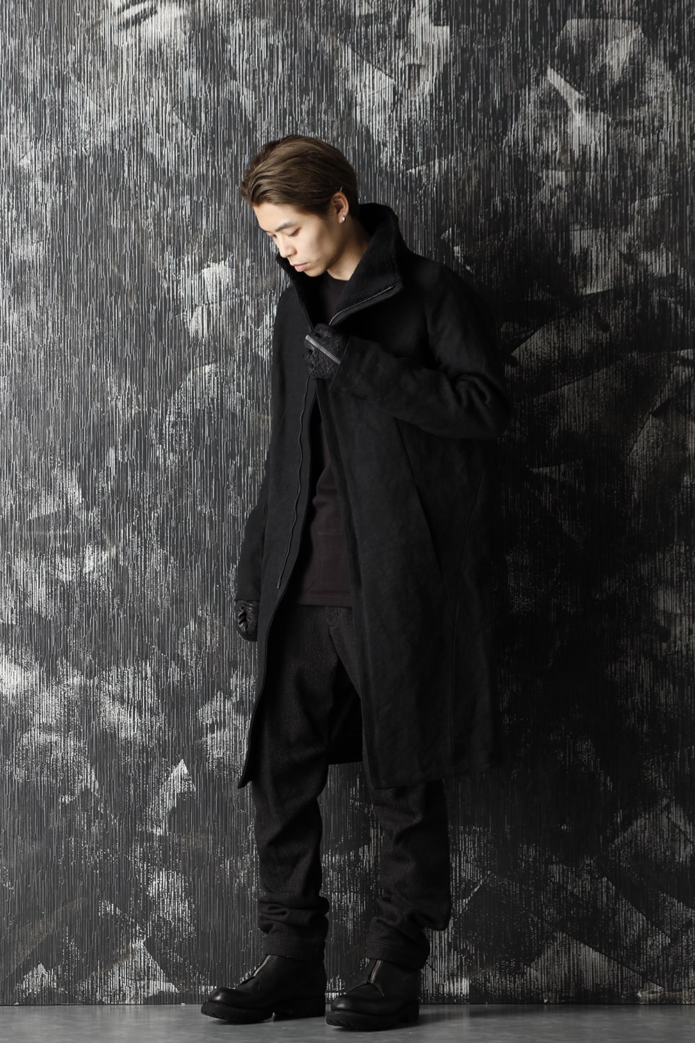 Jute Cotton Military twill High neck coat Black