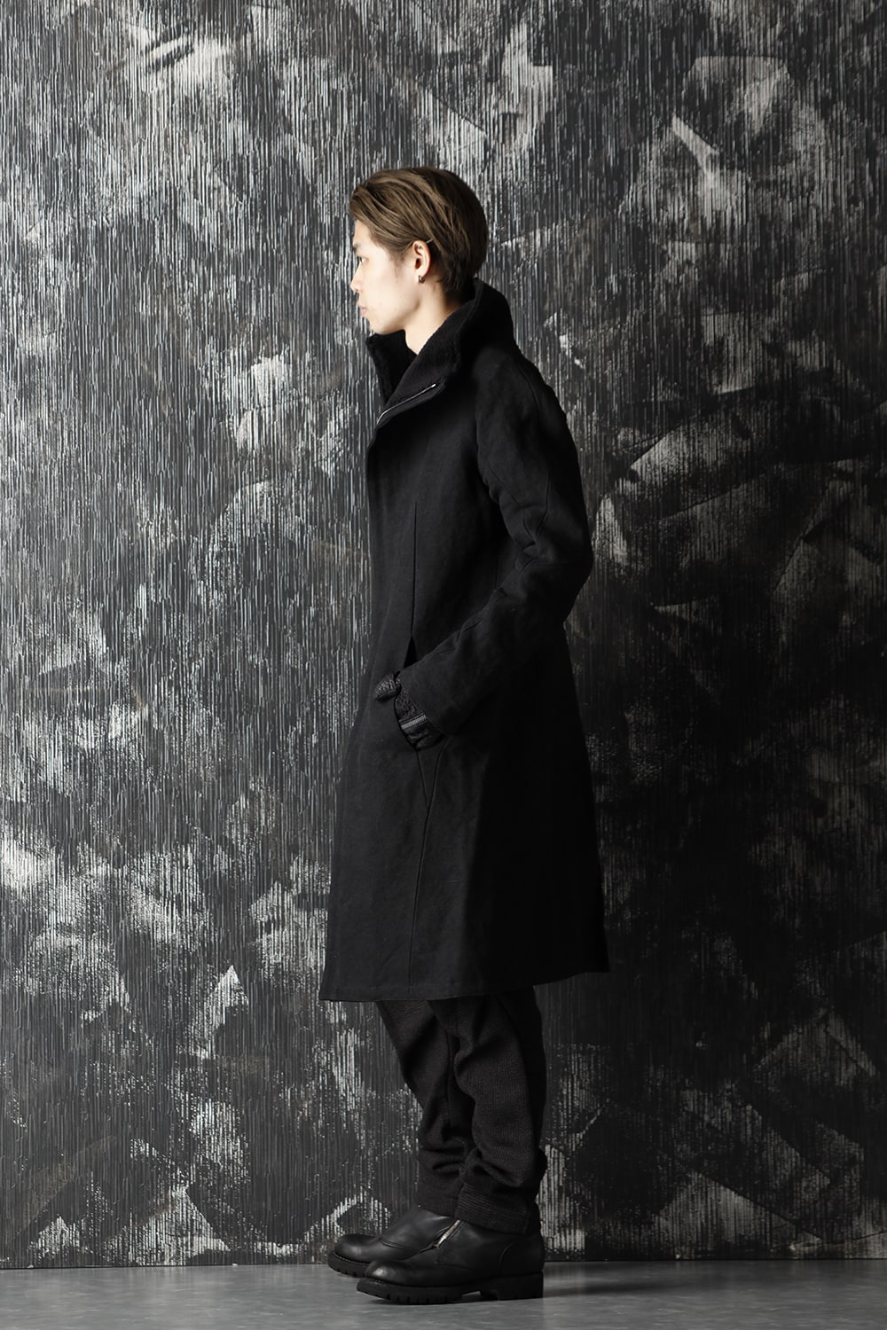 Jute Cotton Military twill High neck coat Black