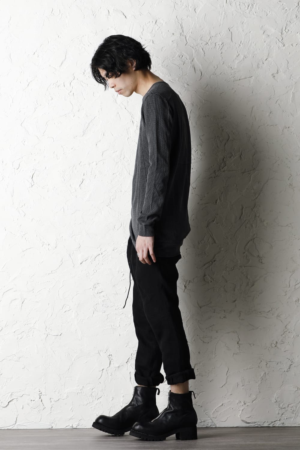 Sumi-dyed Japanese paper mixed Waffle Long Sleeve T-Shirt