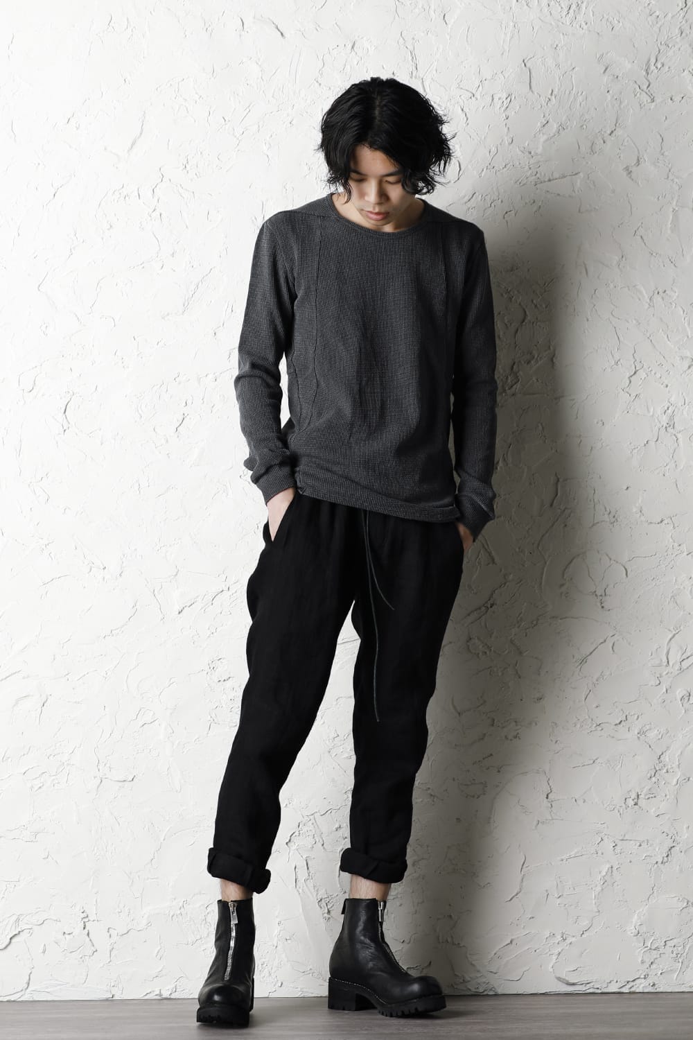 Sumi-dyed Japanese paper mixed Waffle Long Sleeve T-Shirt