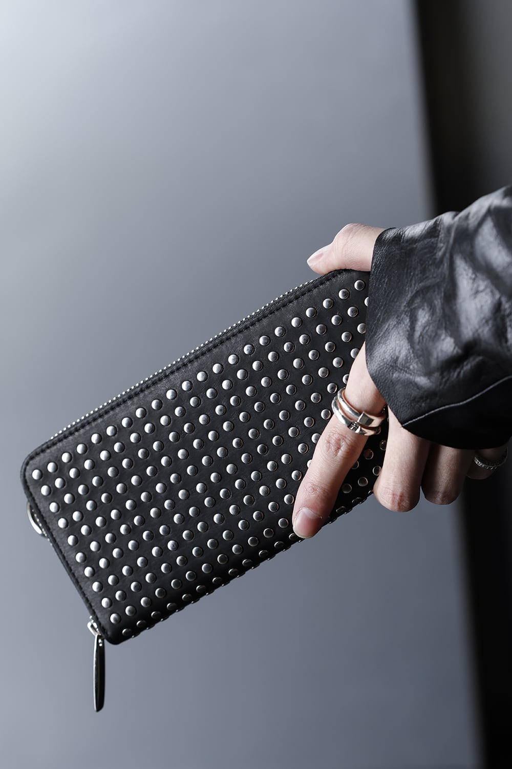 Leather long wallet fold 'all-studs' 2 Silver