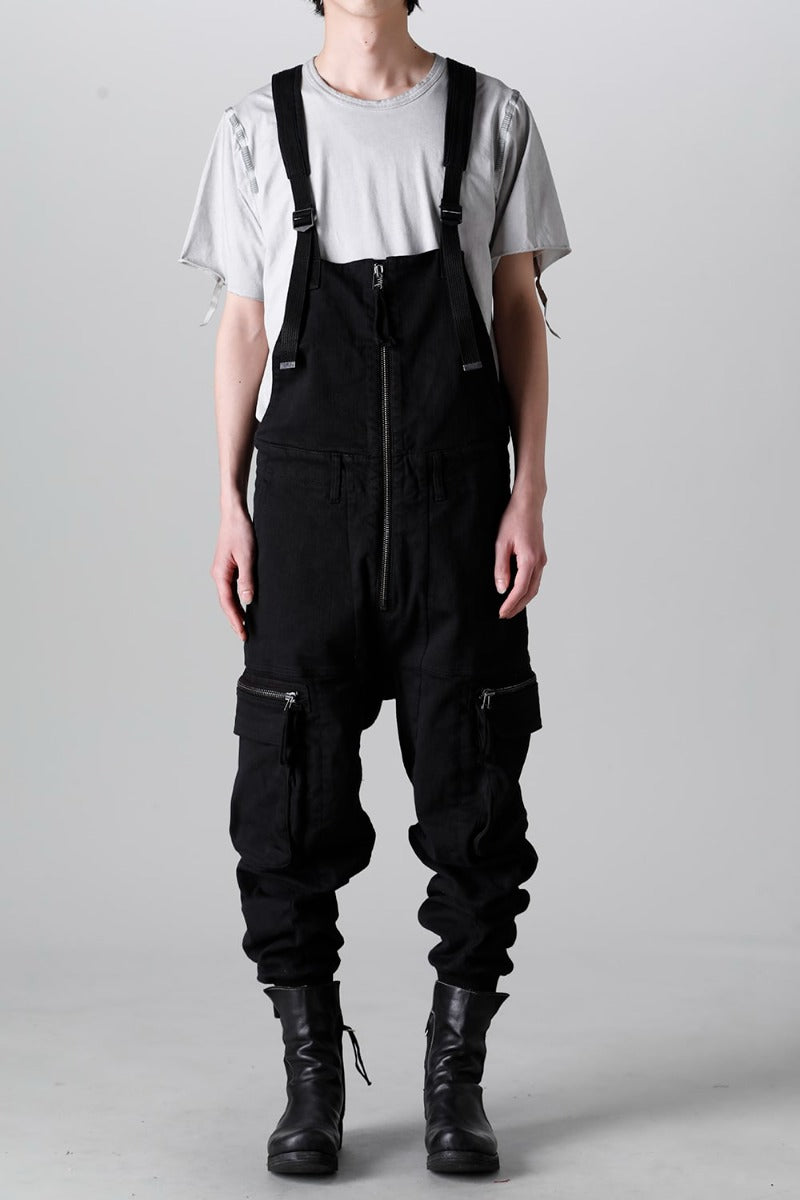 Hyper Stretch Cotton Denim Cargo Overalls  Black