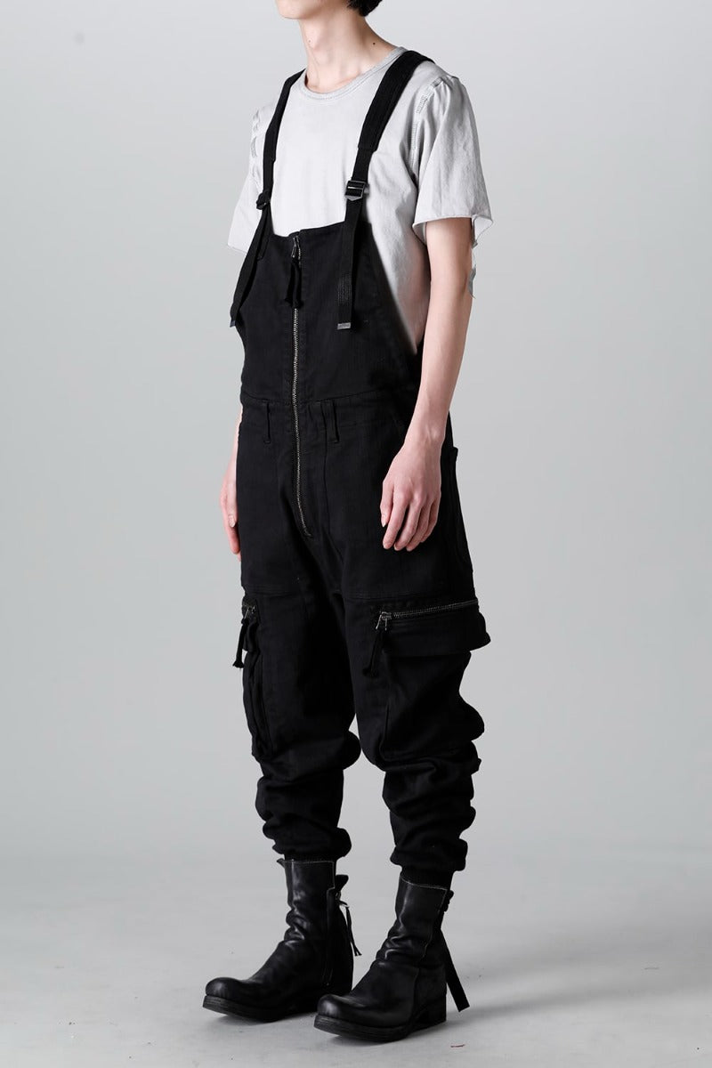 Hyper Stretch Cotton Denim Cargo Overalls  Black