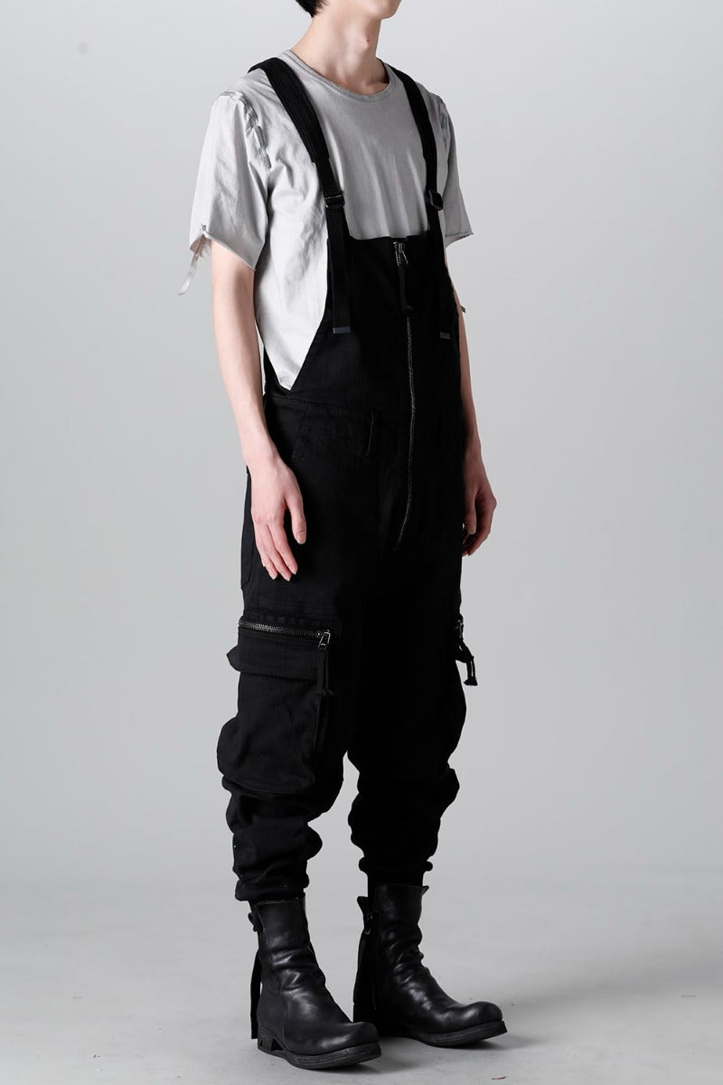Hyper Stretch Cotton Denim Cargo Overalls  Black