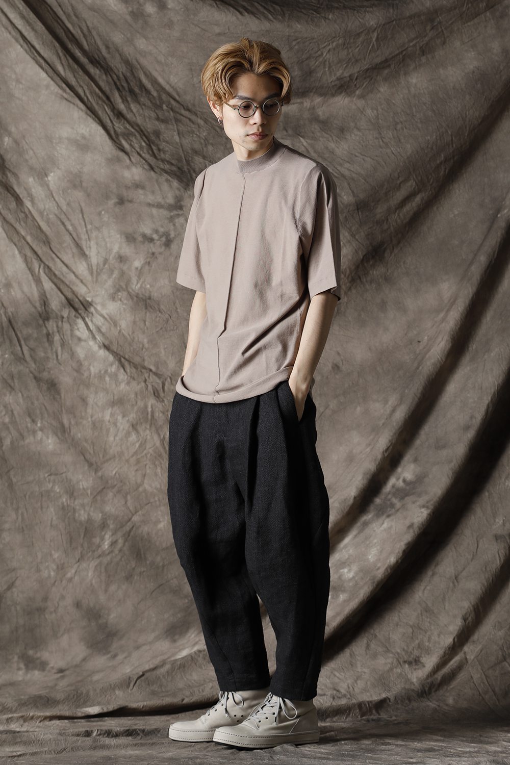 Knit mockneck short sleeve high twist cotton Cream Gray