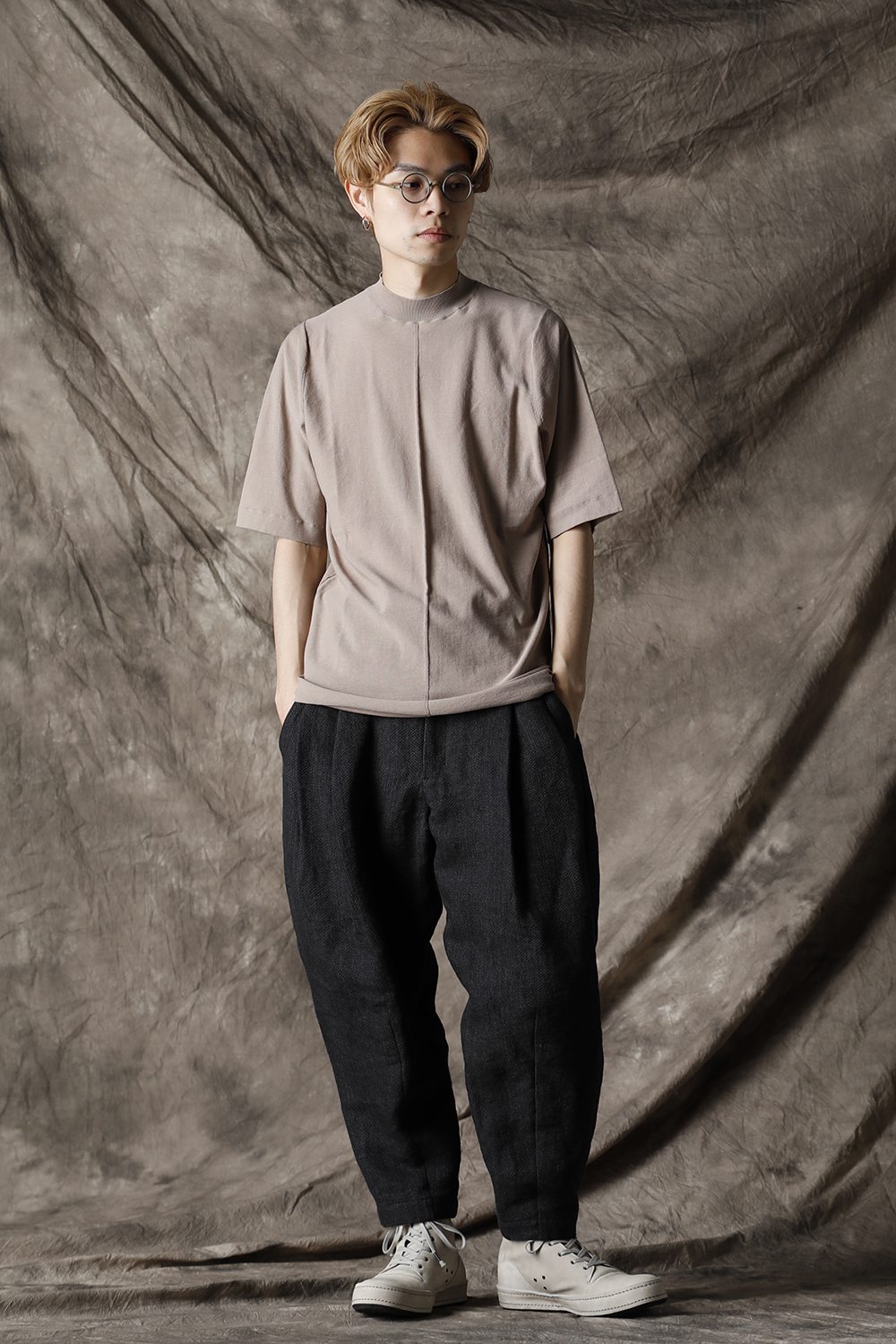 Knit mockneck short sleeve high twist cotton Cream Gray