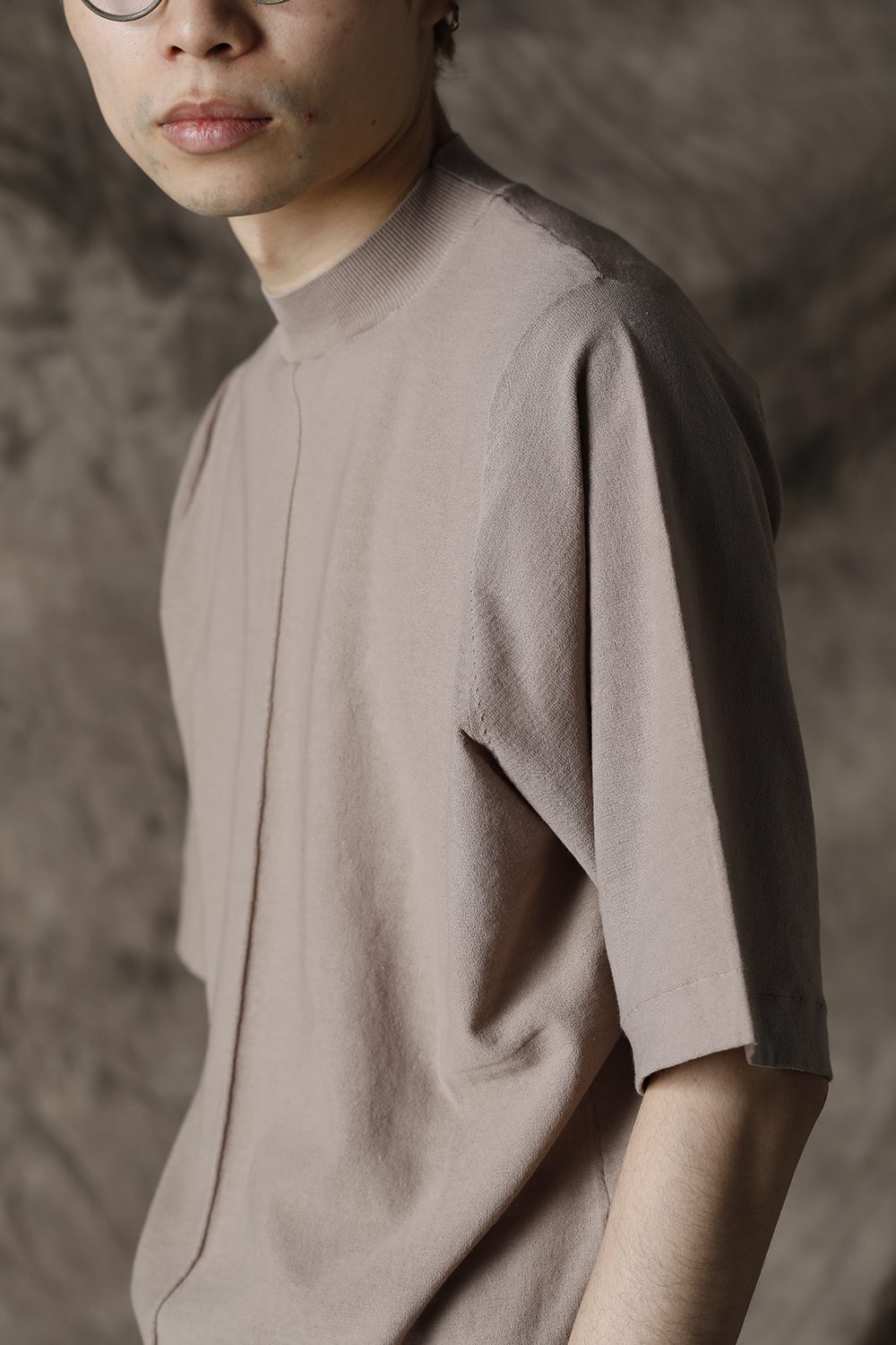 Knit mockneck short sleeve high twist cotton Cream Gray