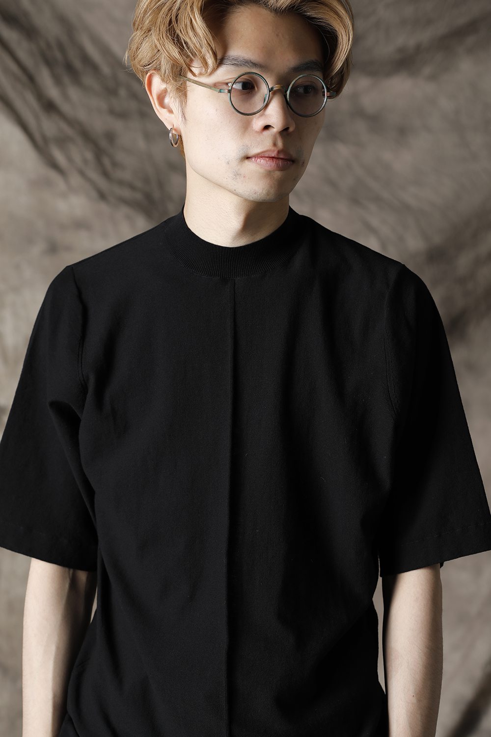 Knit mockneck short sleeve high twist cotton Black