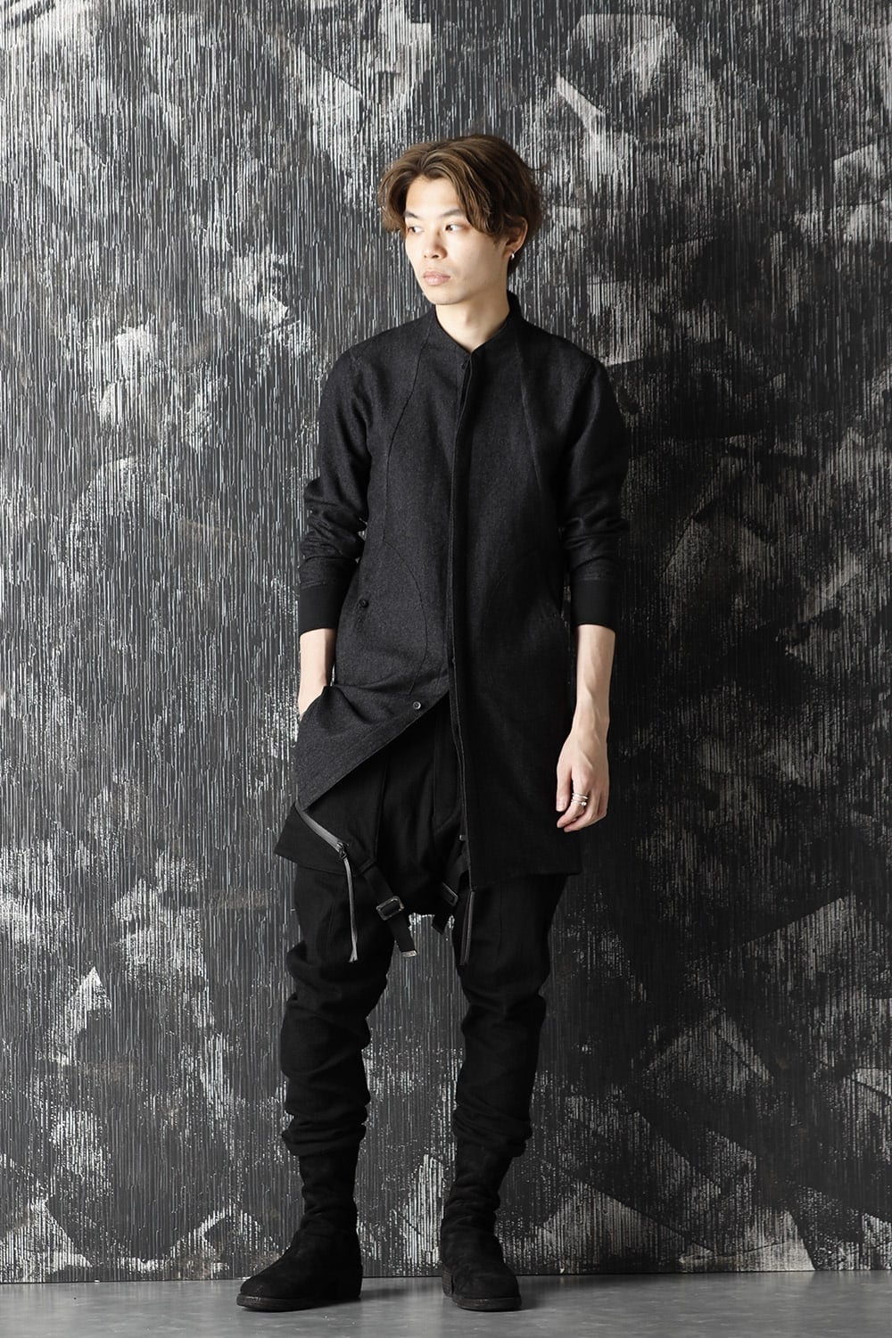 Wool Linen Minimal High neck Long shirt Black