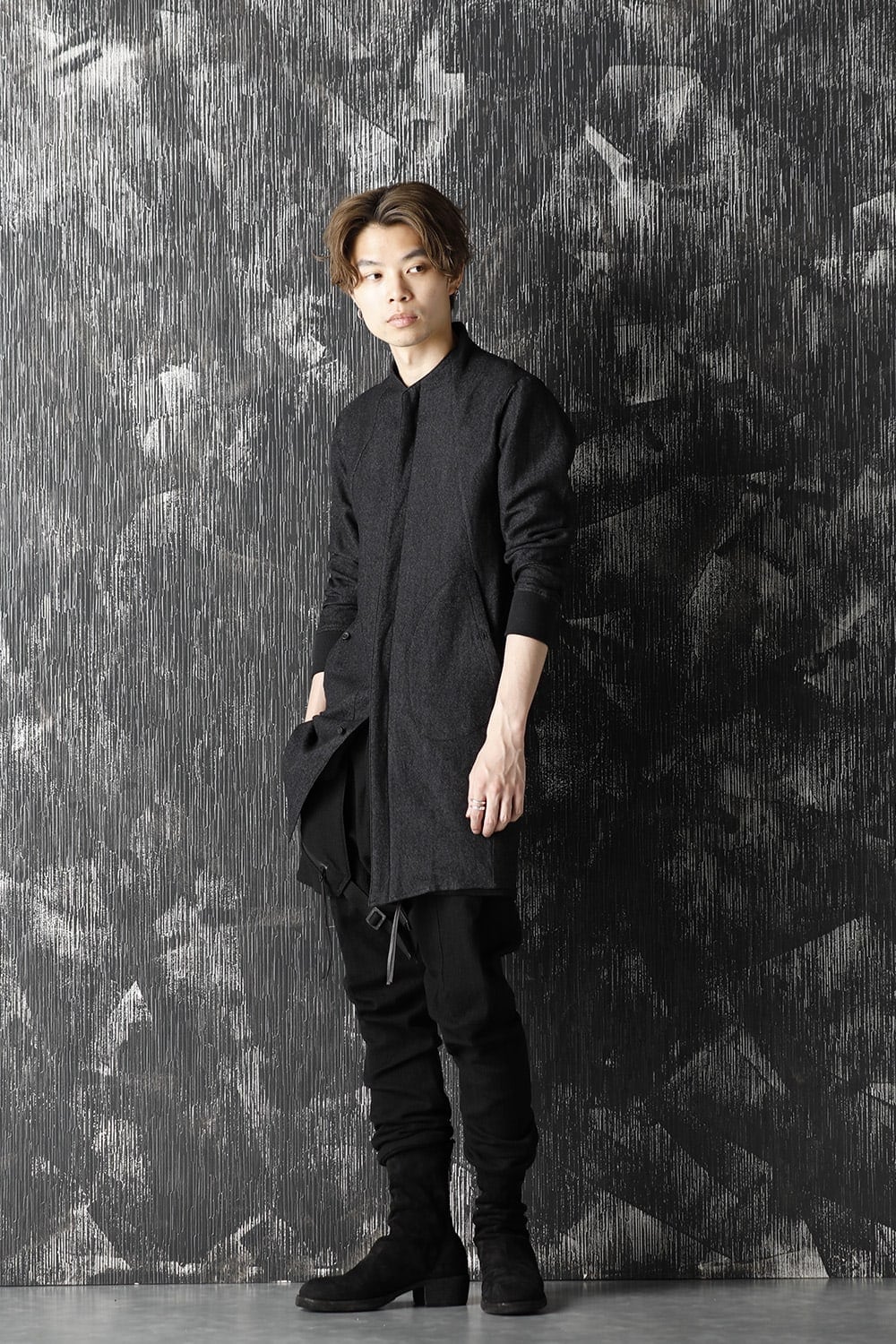 Wool Linen Minimal High neck Long shirt Black