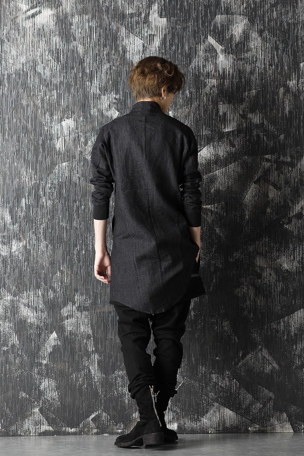 Wool Linen Minimal High neck Long shirt Black