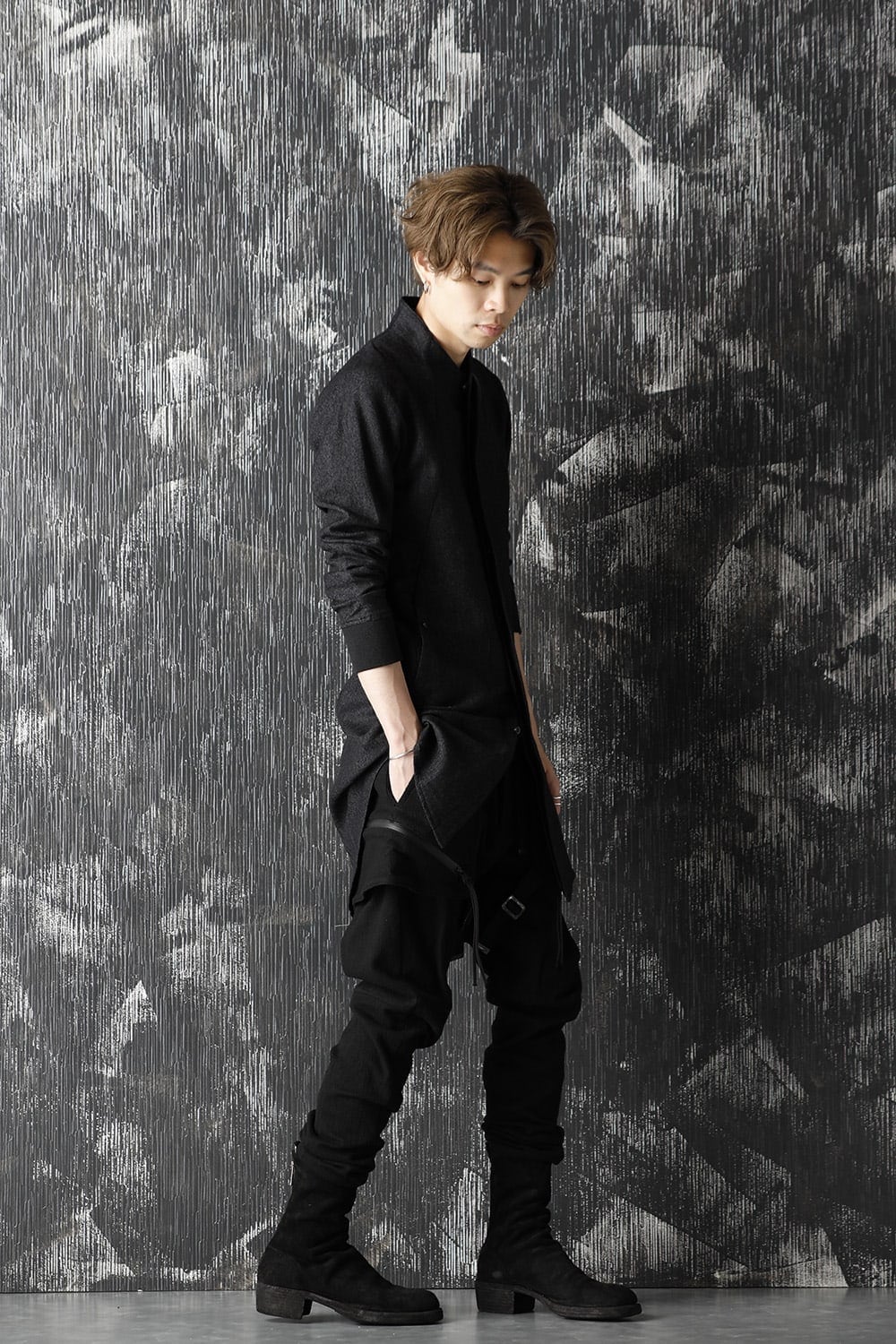 Wool Linen Minimal High neck Long shirt Black