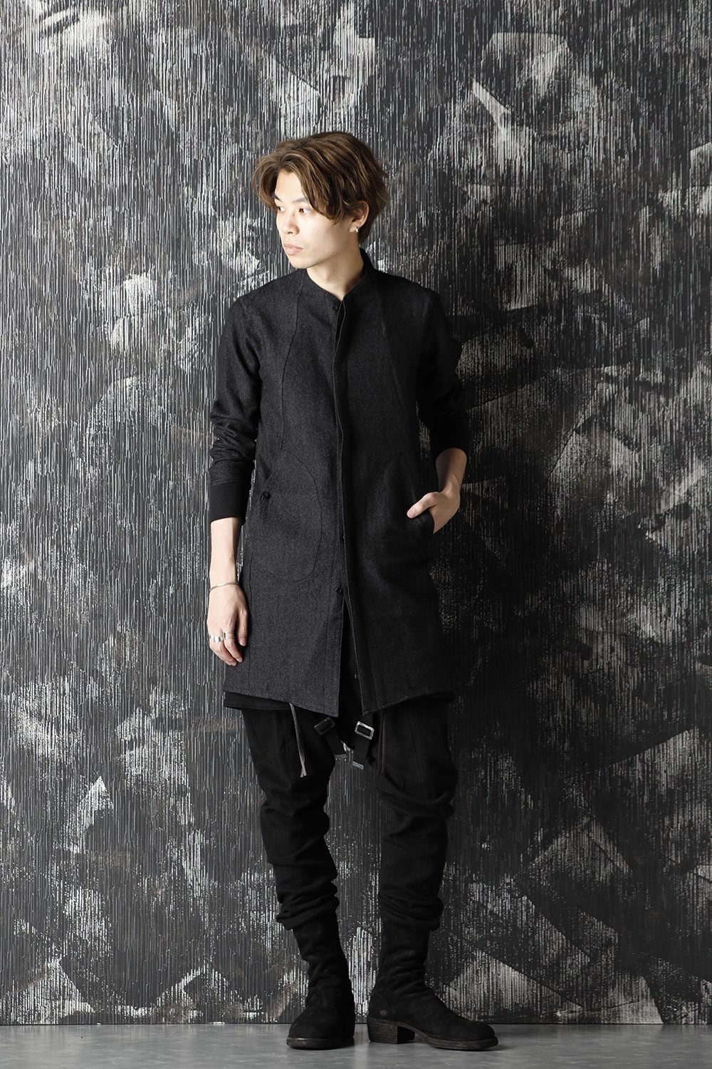 Wool Linen Minimal High neck Long shirt Black