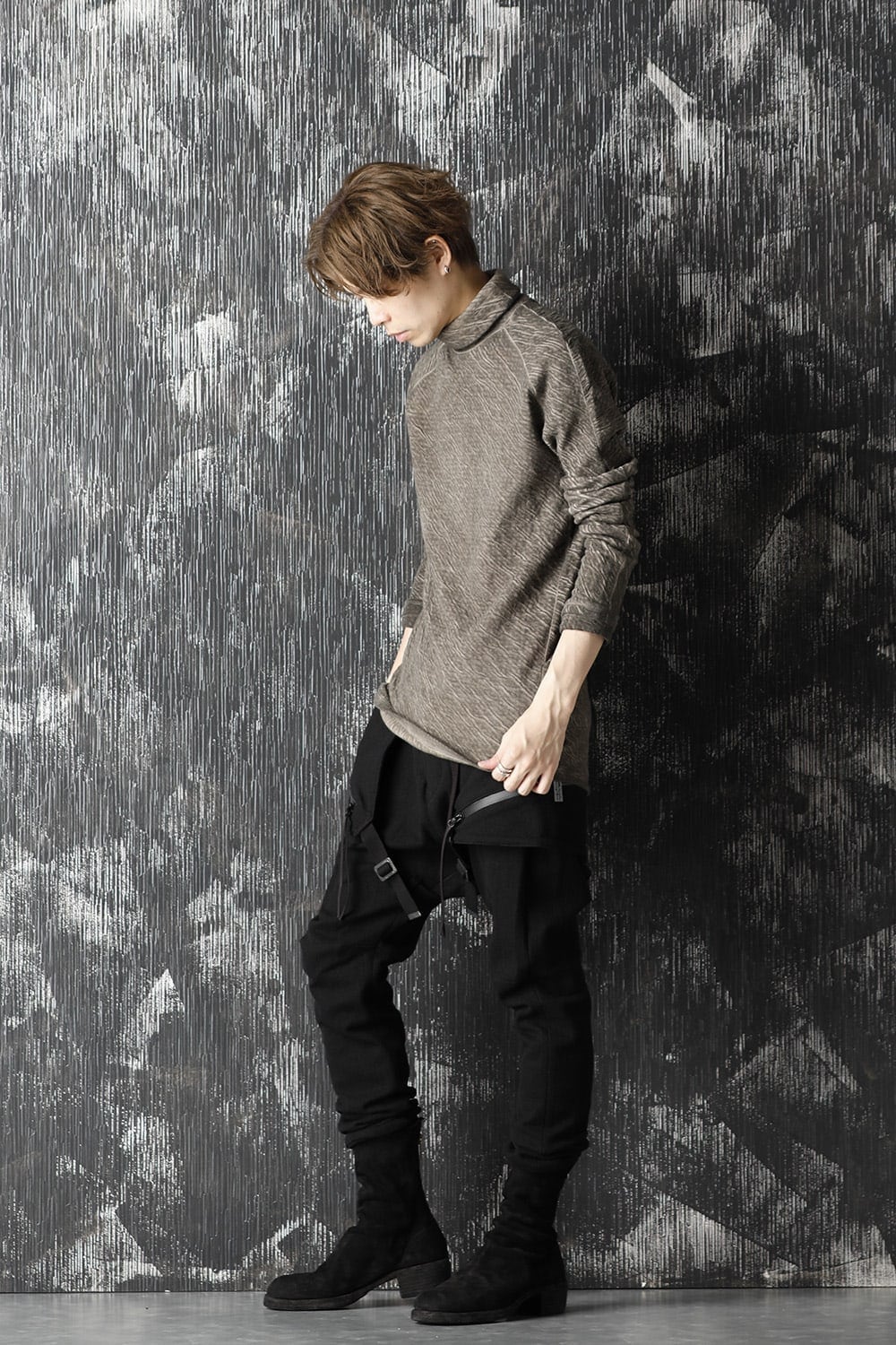 Dual layered Cotton Wool jersey High neck Long sleeve T-shirt Wood Gray