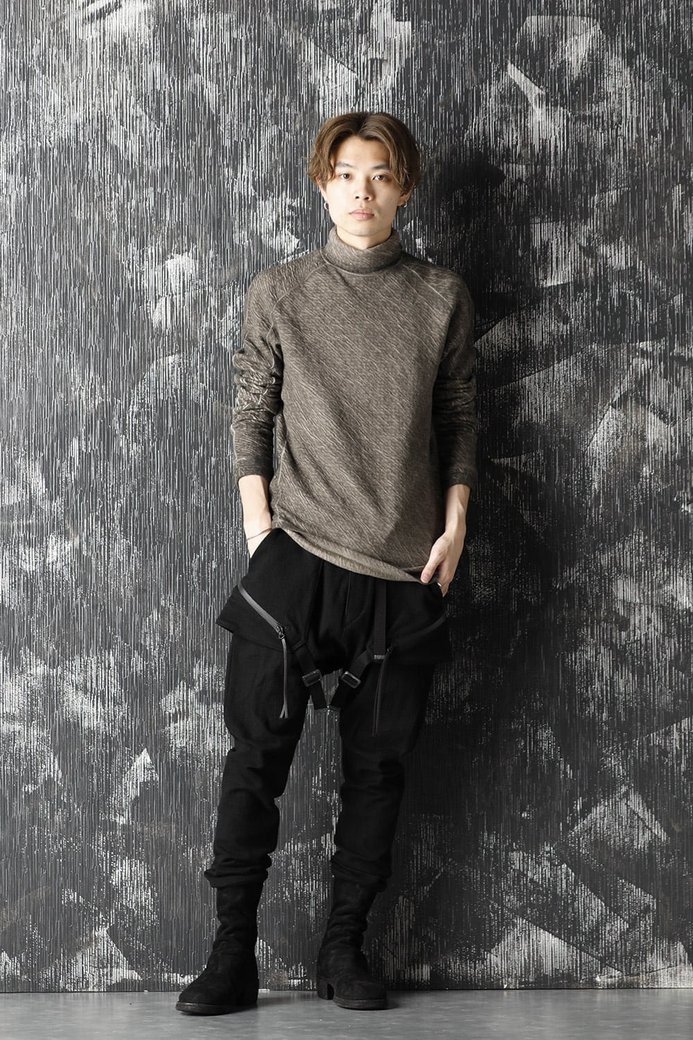 Dual layered Cotton Wool jersey High neck Long sleeve T-shirt Wood Gray