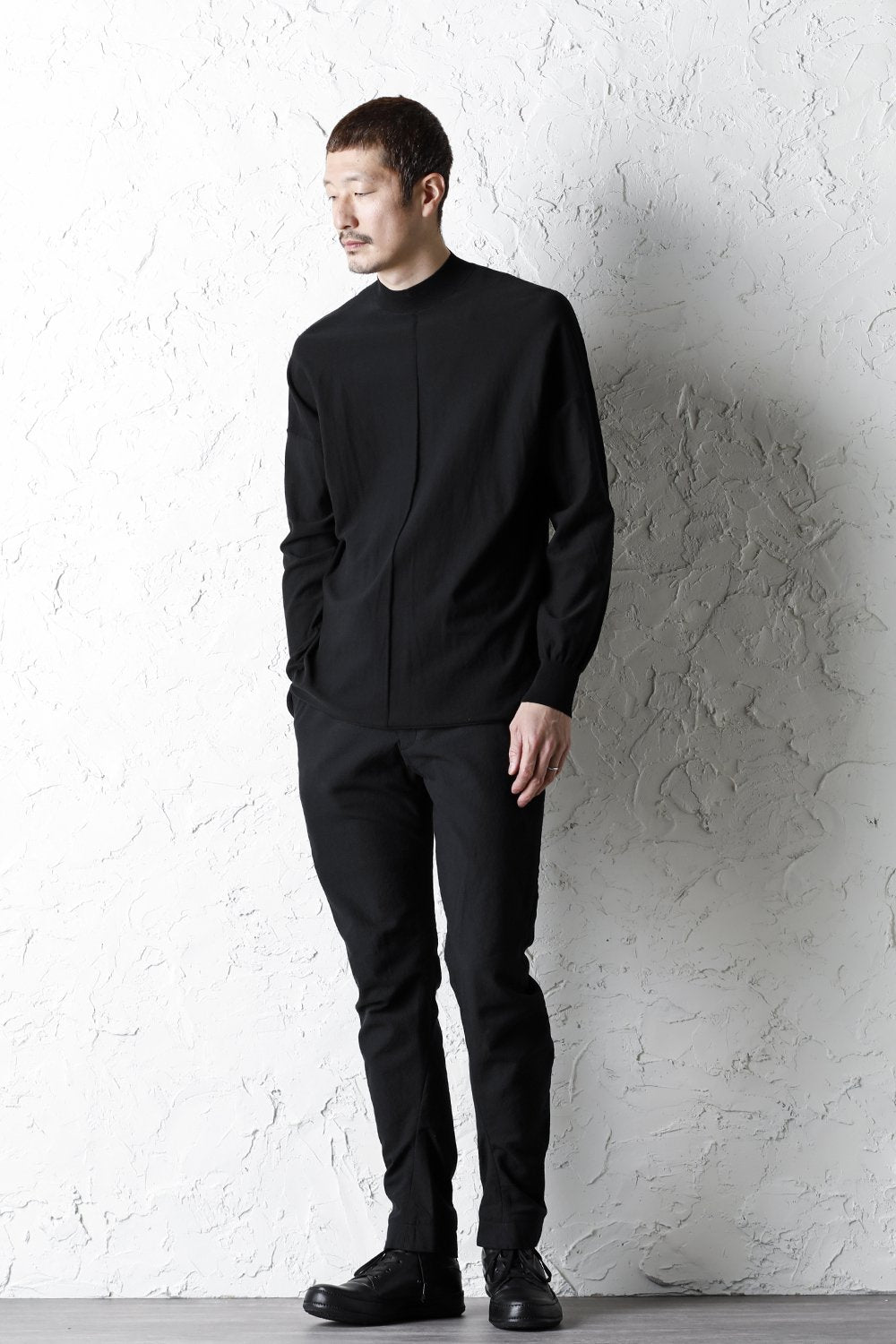 Knit mockneck long sleeve high twist cotton Black