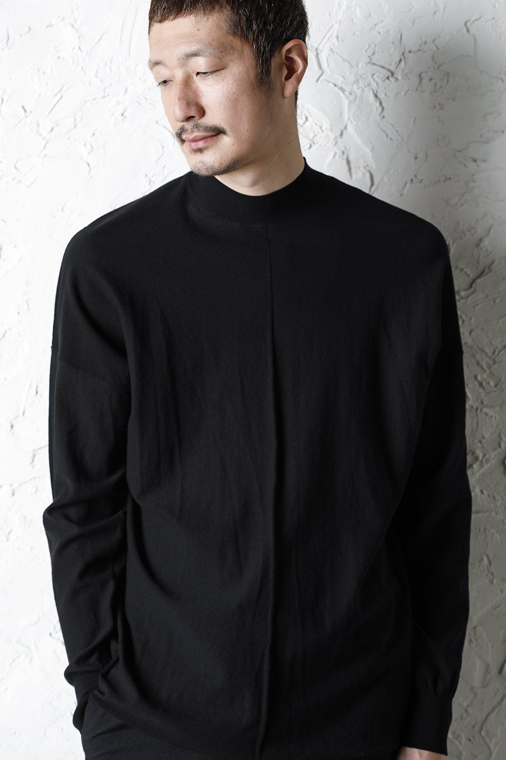 Knit mockneck long sleeve high twist cotton Black