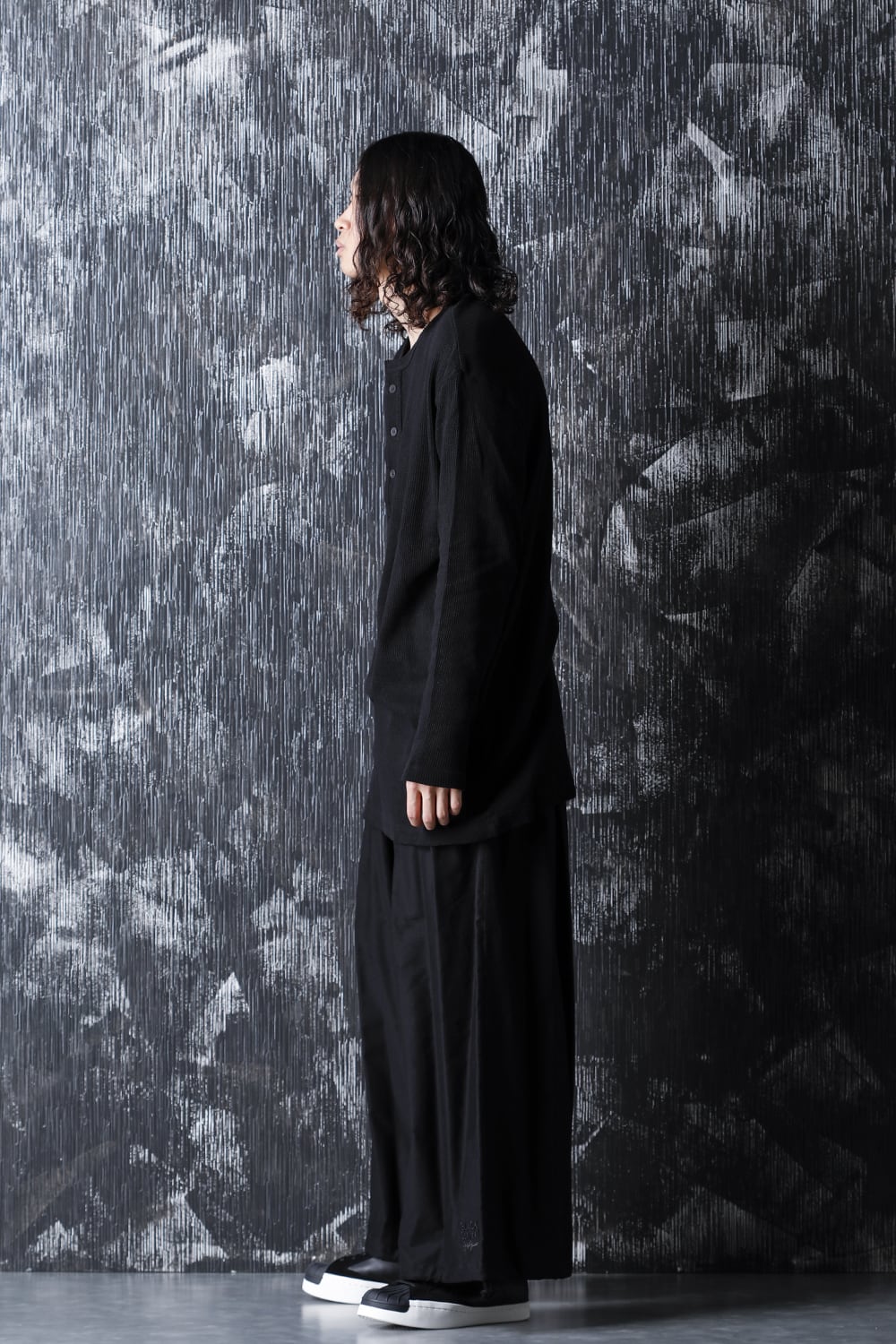 ​Henry neck Garment dye ​Waffle Long sleeve T-Shirt