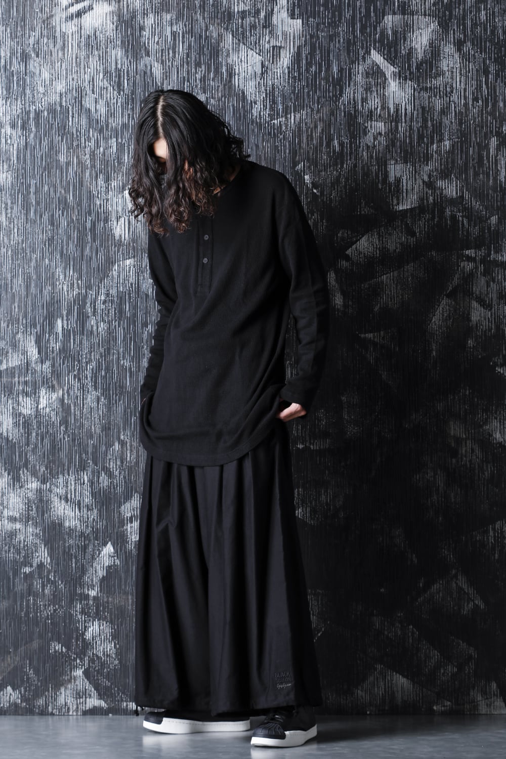 ​Henry neck Garment dye ​Waffle Long sleeve T-Shirt