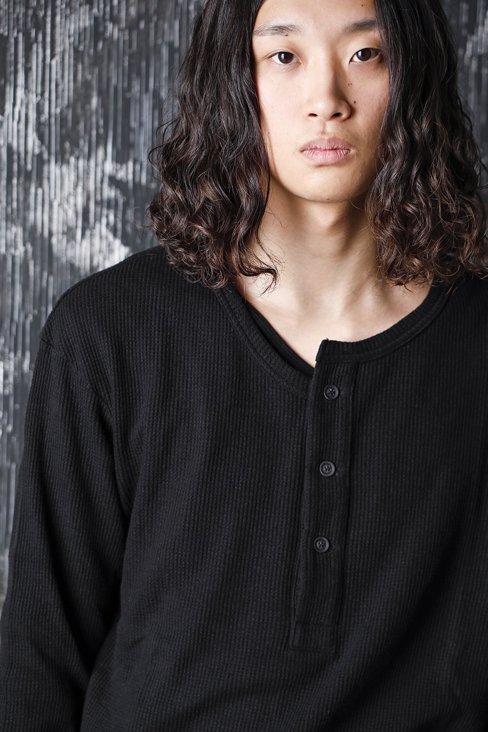 ​Henry neck Garment dye ​Waffle Long sleeve T-Shirt