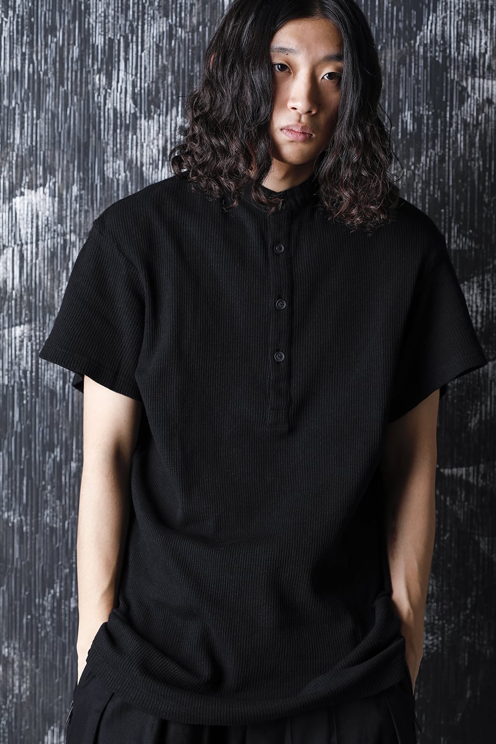 ​Henry neck Garment dye ​Waffle Short sleeve T-Shirt
