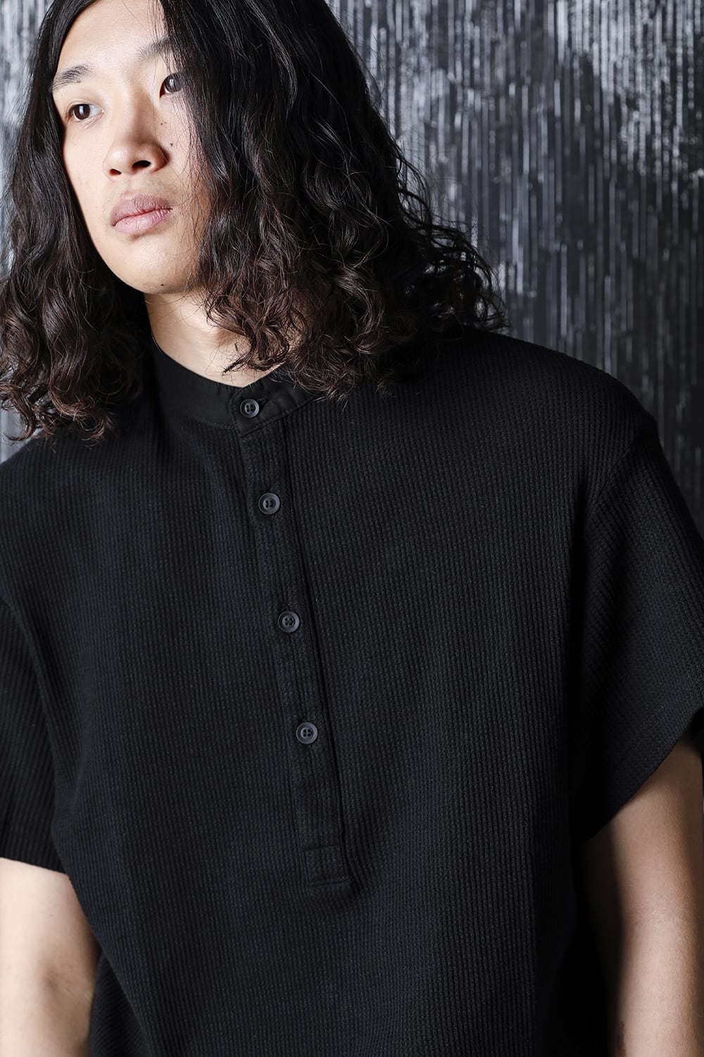 ​Henry neck Garment dye ​Waffle Short sleeve T-Shirt