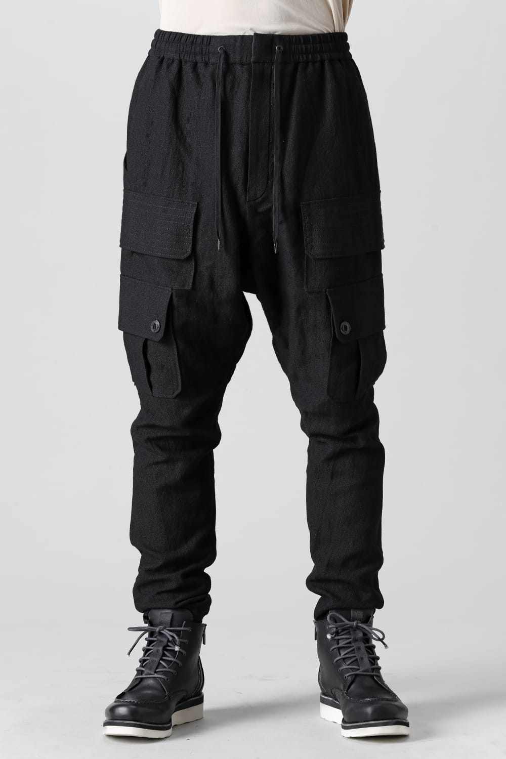 Cargo drop crotch pants cotton ramie shrink